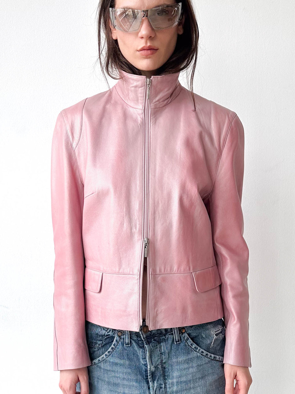 Metallic Pink Leather Moto Jacket