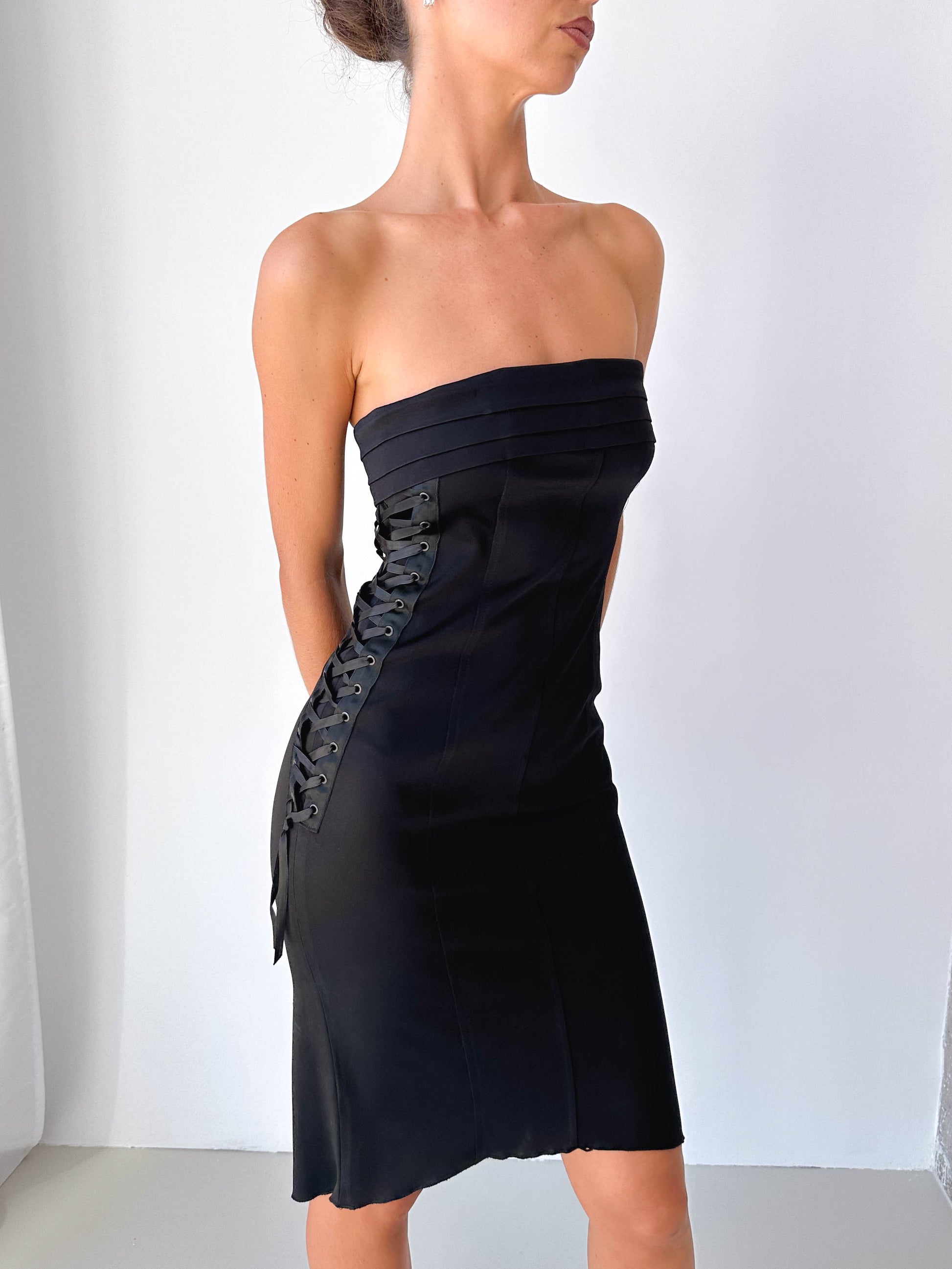 Strapless Black Lace Up Dress