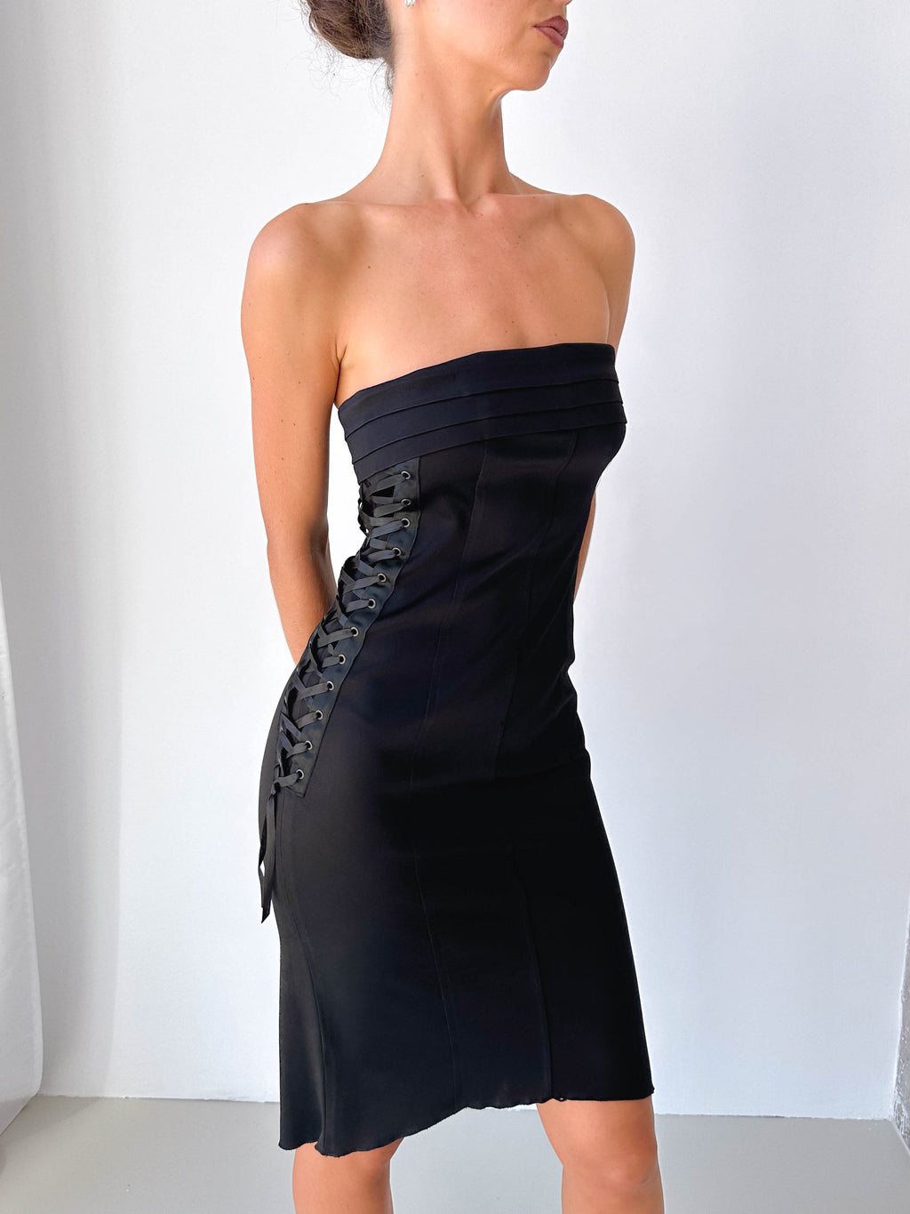 Strapless Black Lace Up Dress