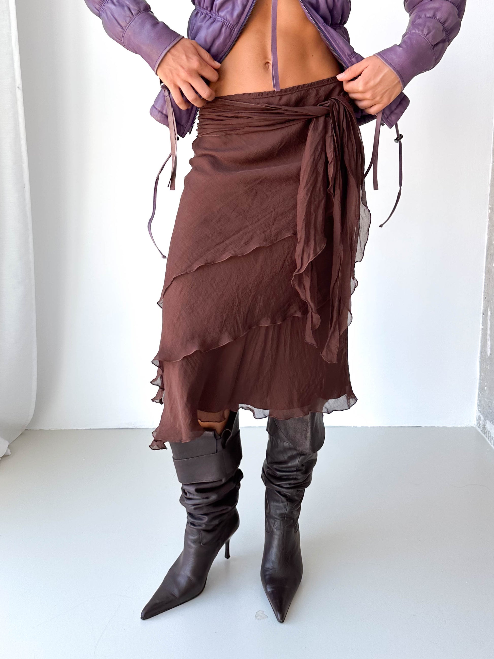 Silk Asymmetric Ruffle Midi Skirt
