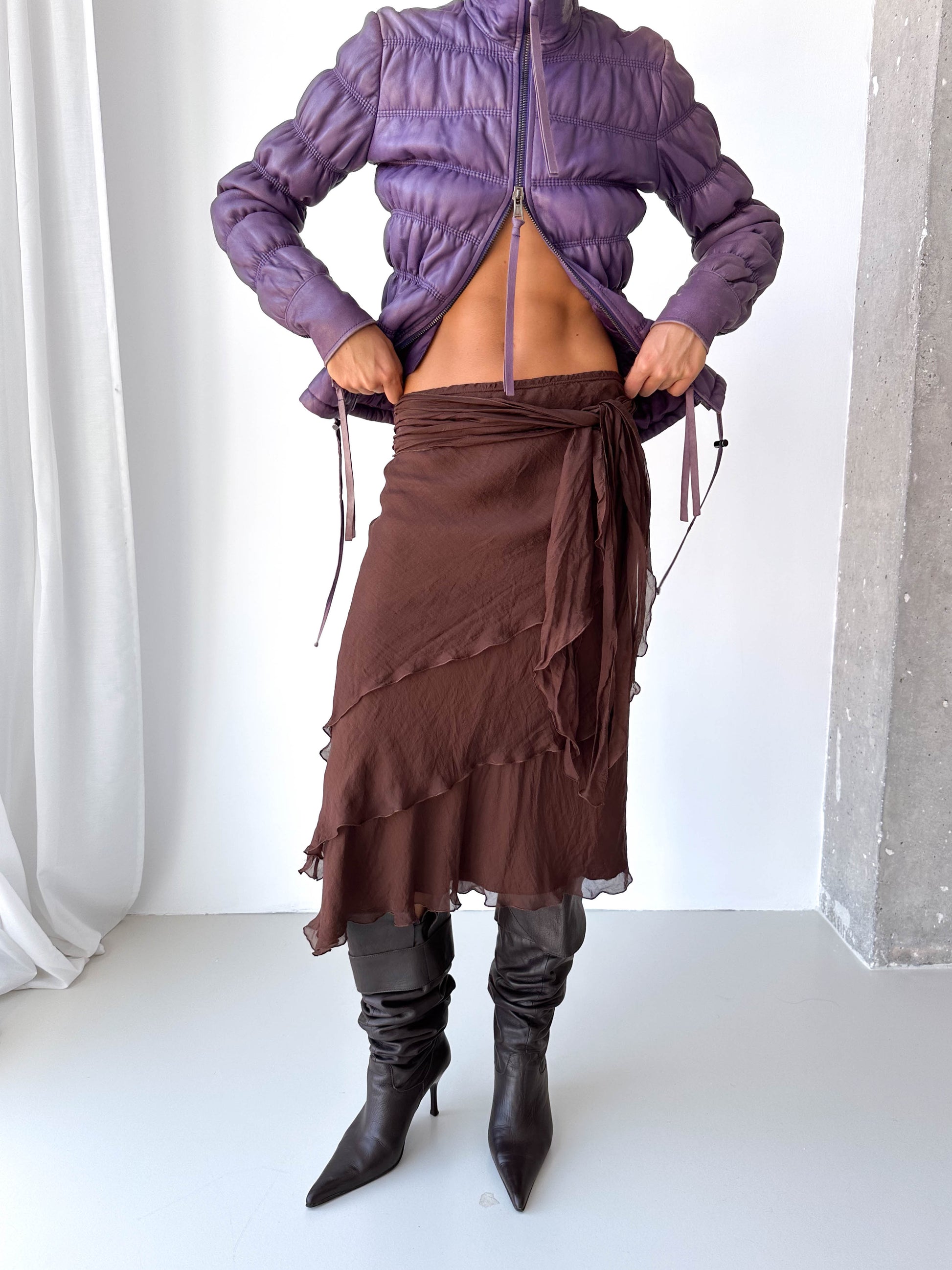 Silk Asymmetric Ruffle Midi Skirt