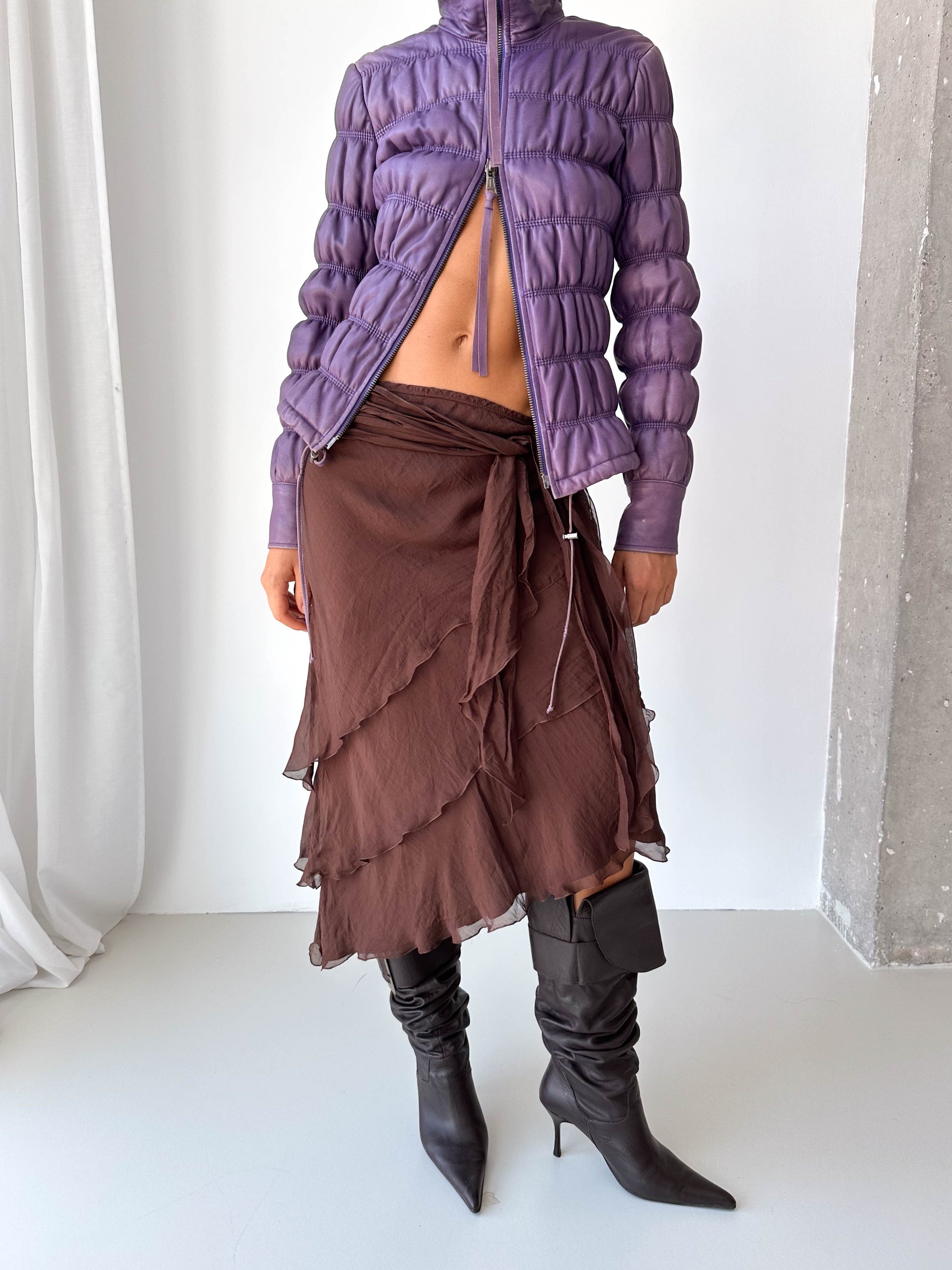 Silk Asymmetric Ruffle Midi Skirt