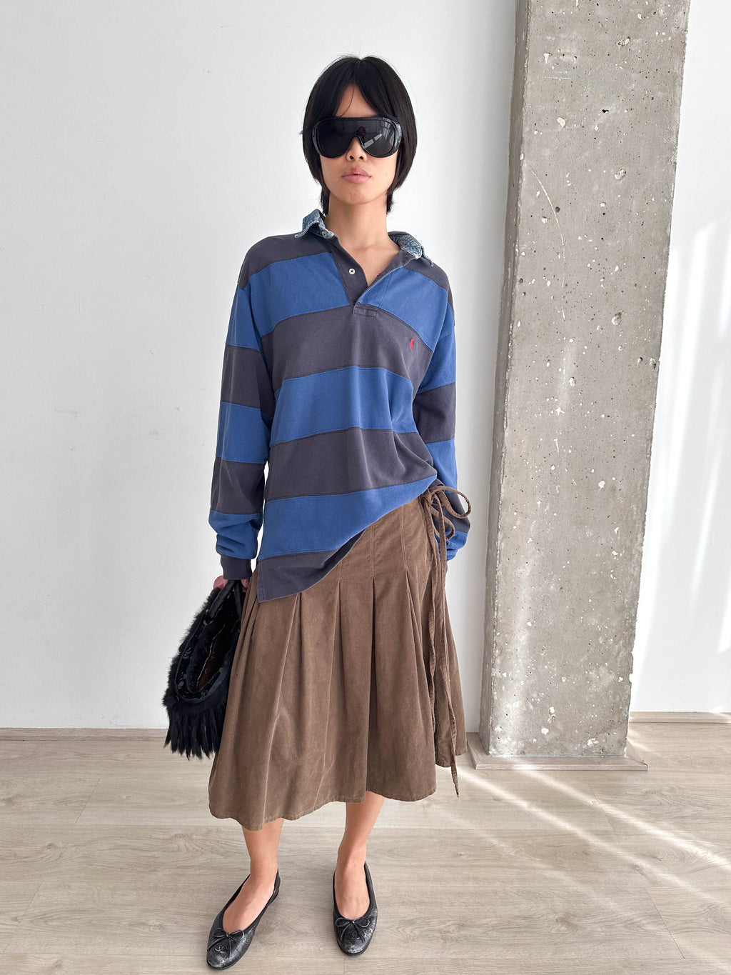 Cord Pleated Midi Skirt