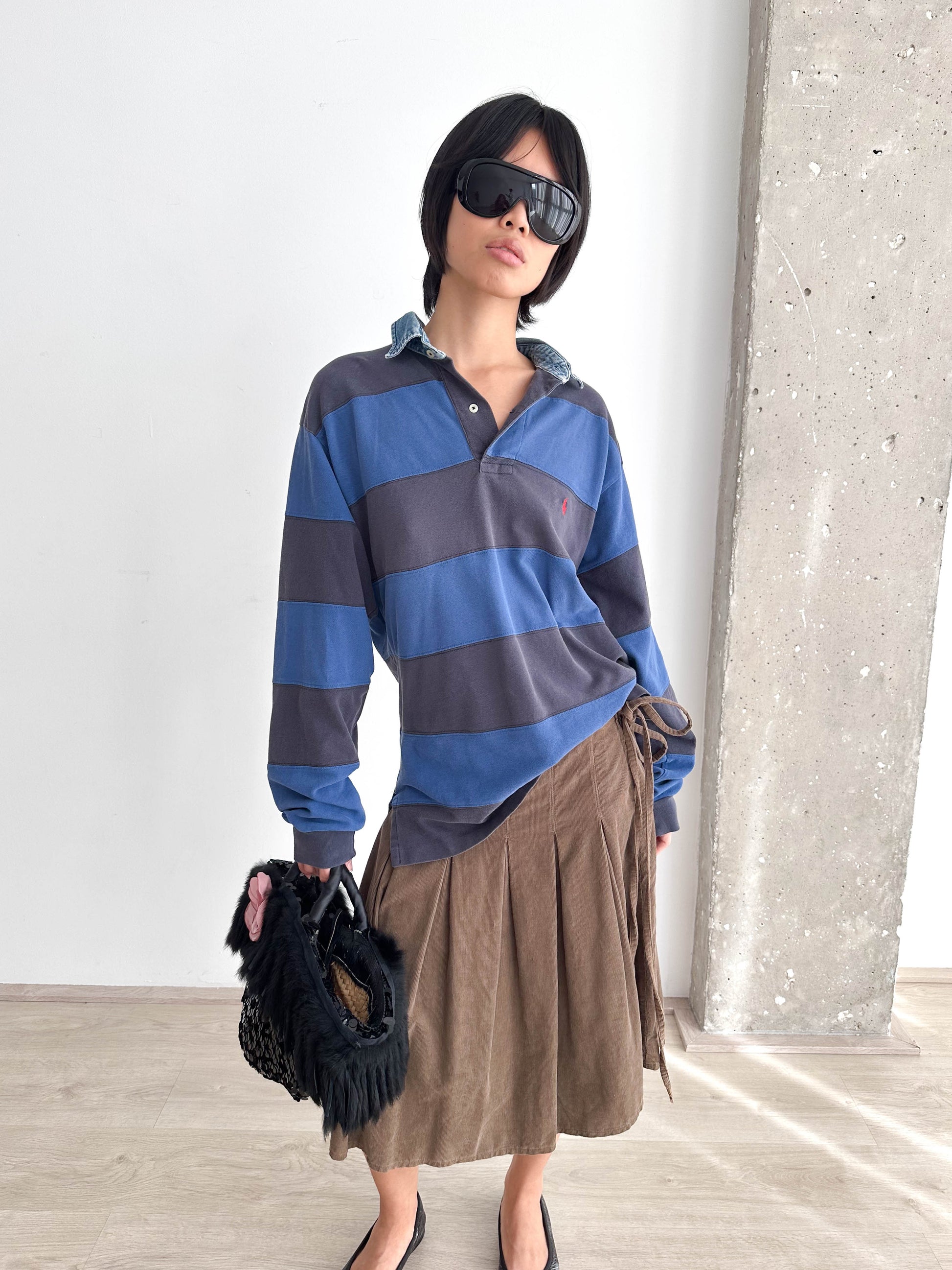 Cord Pleated Midi Skirt