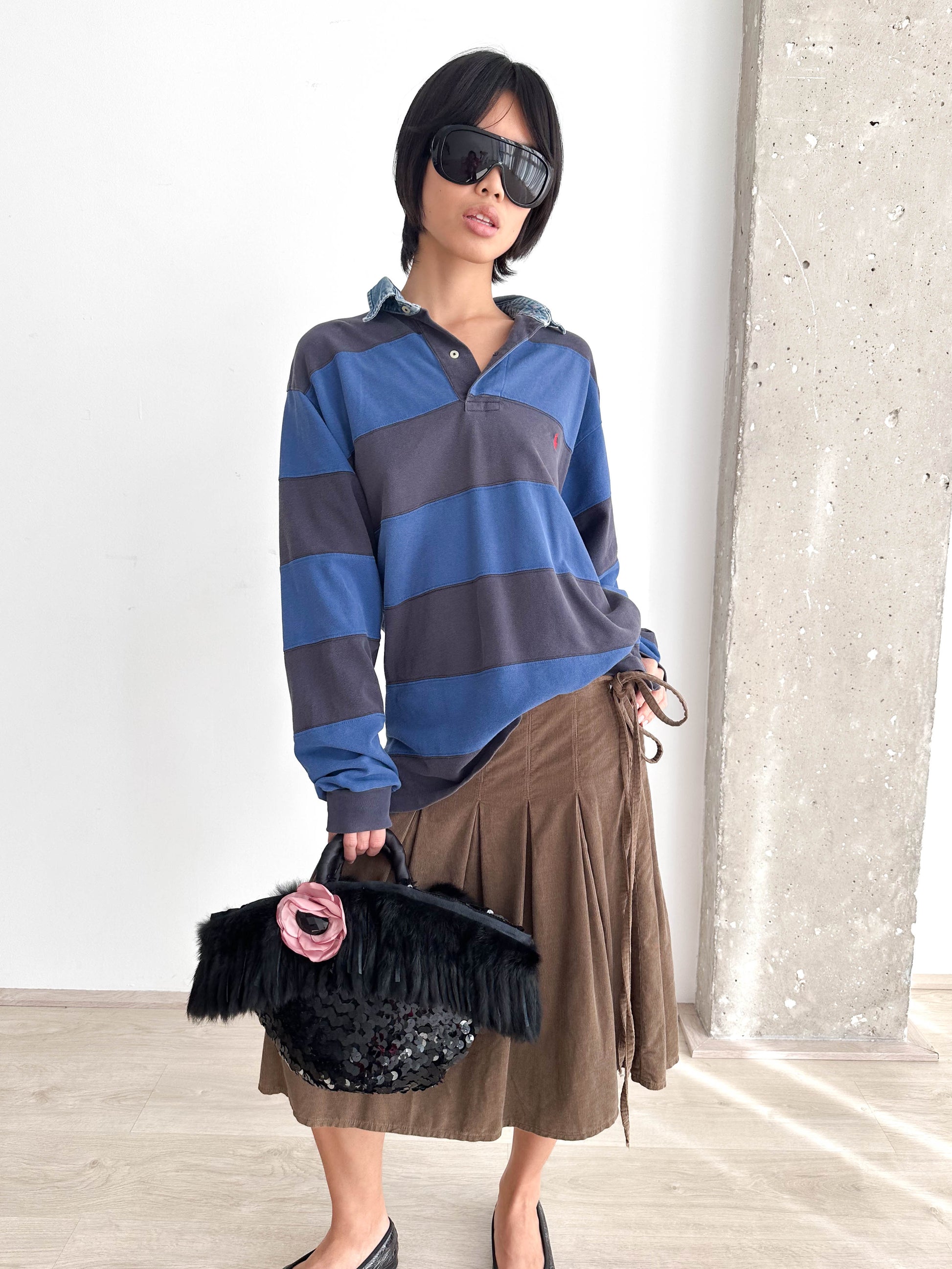 Cord Pleated Midi Skirt