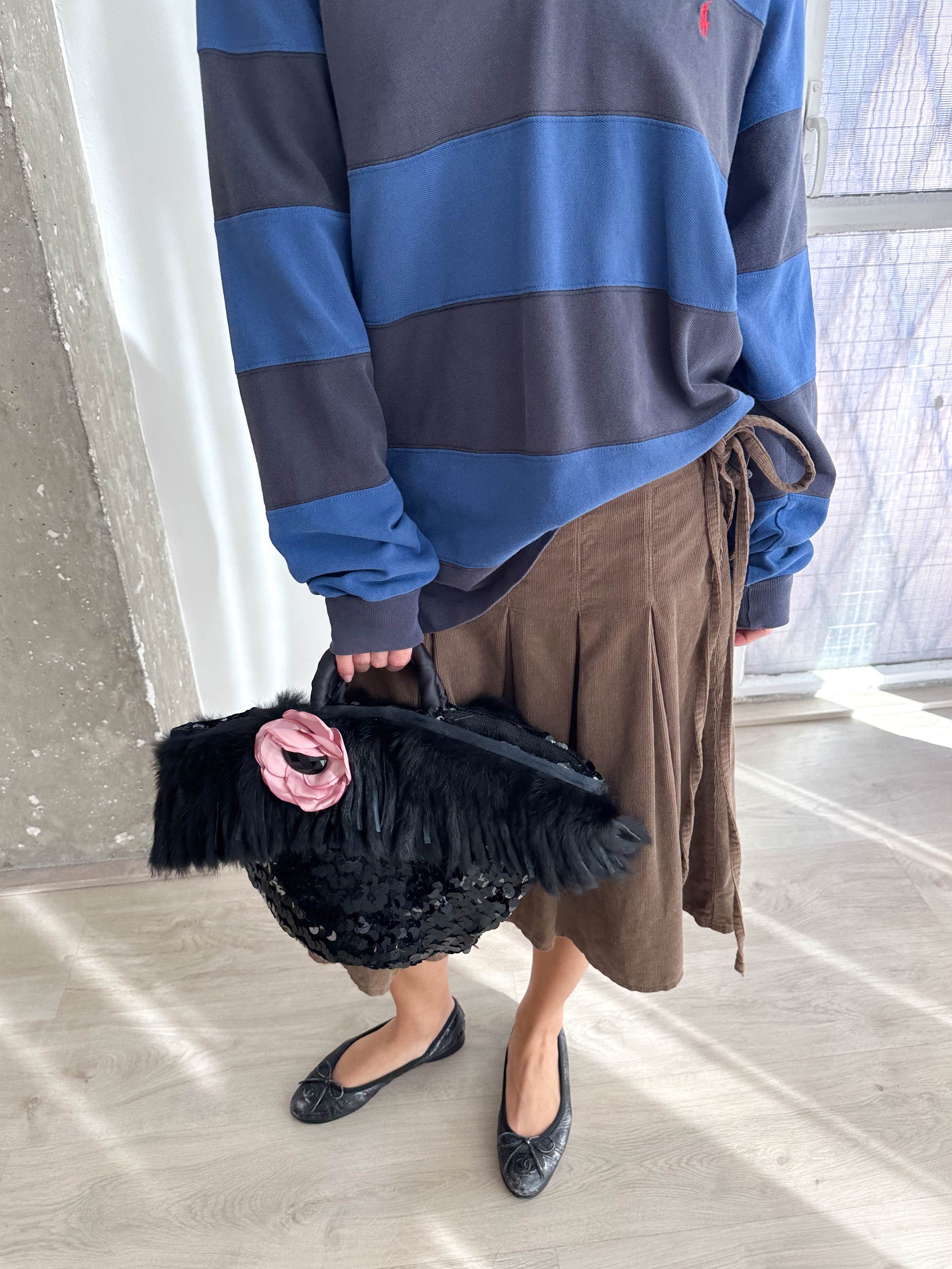 Cord Pleated Midi Skirt