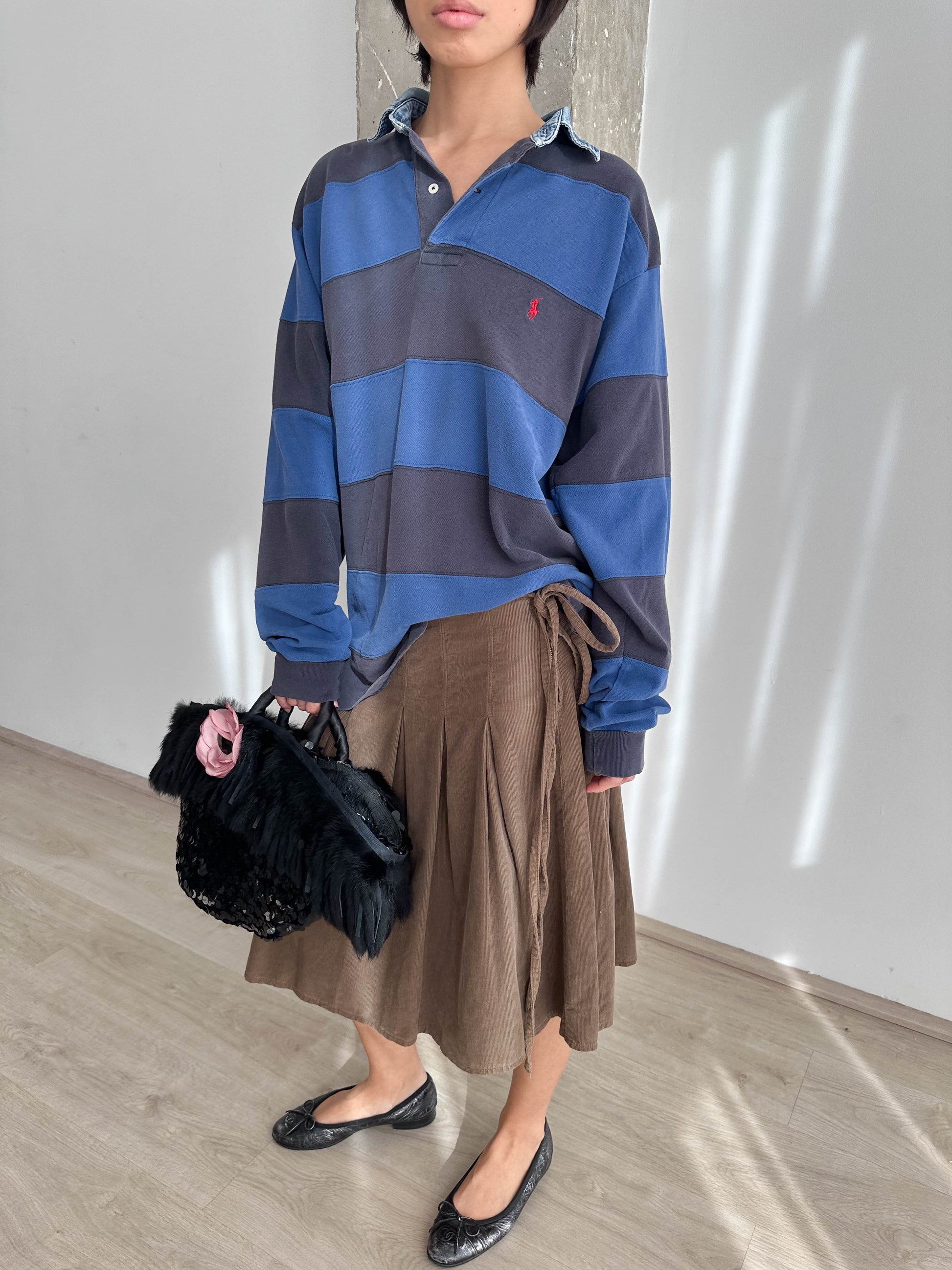 Cord Pleated Midi Skirt