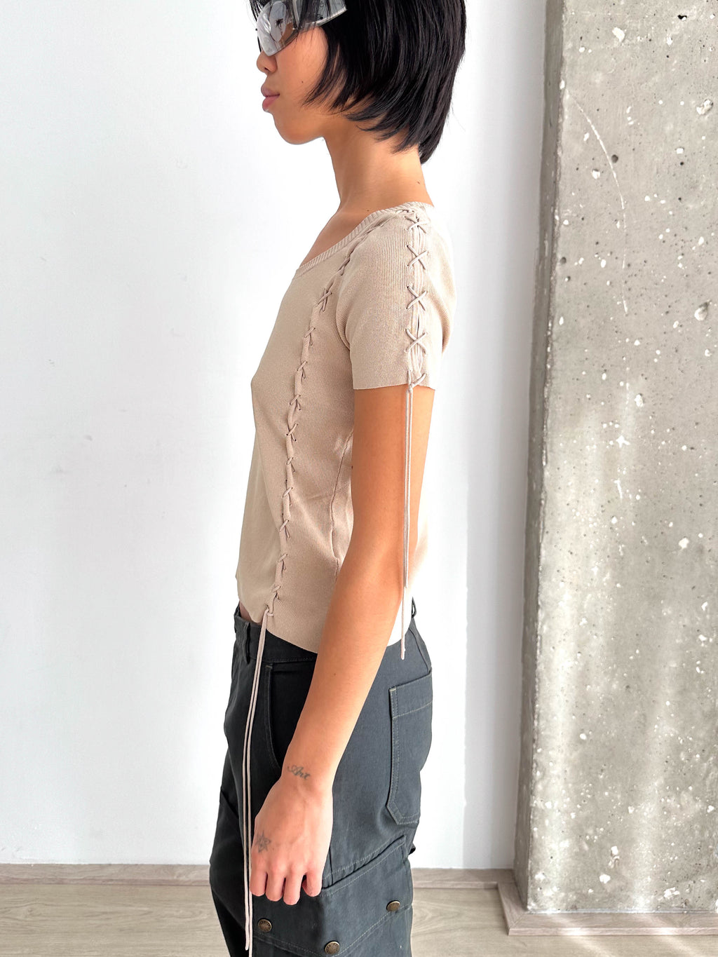 Knitted Lace Up Detail Top