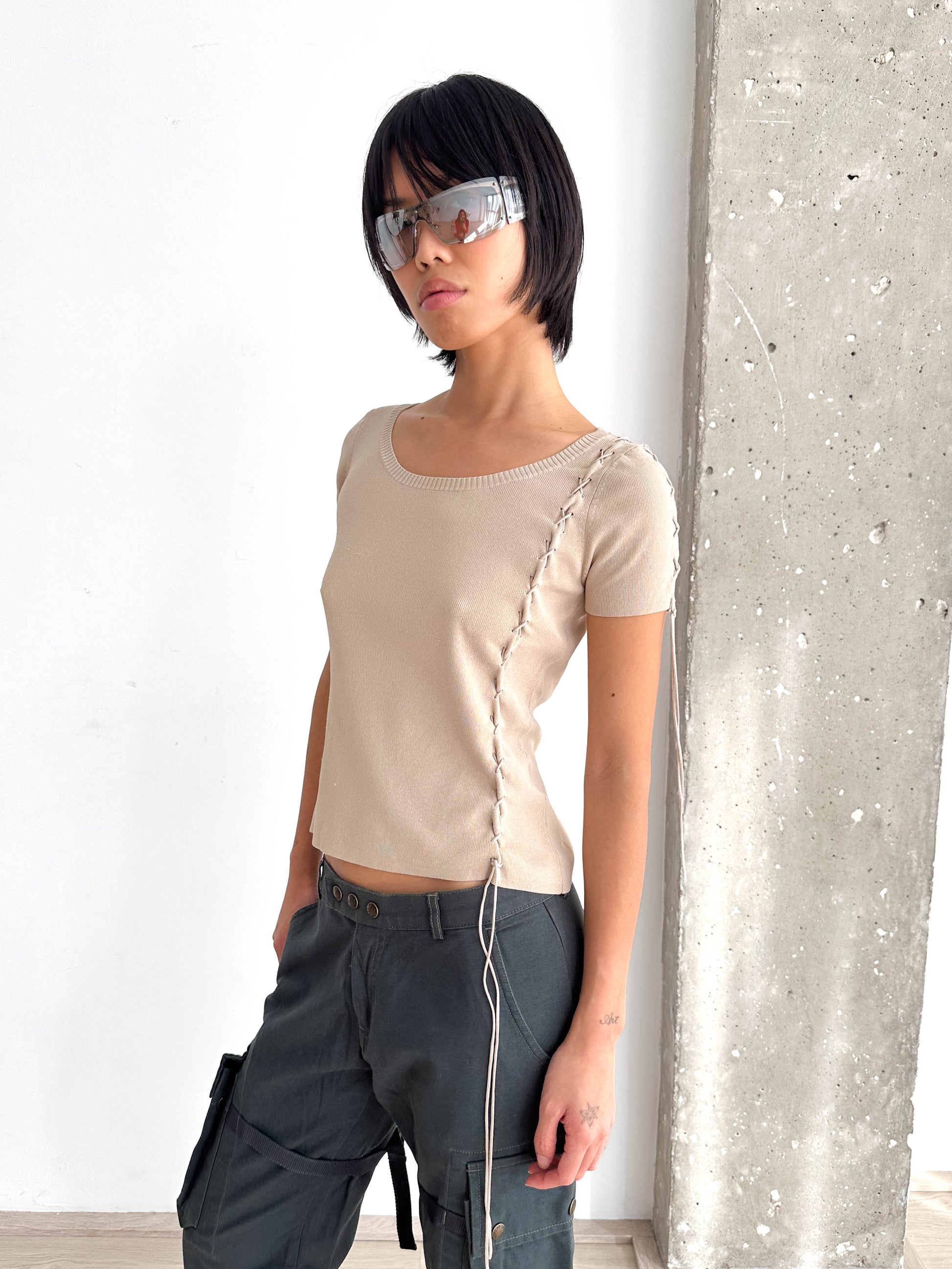 Knitted Lace Up Detail Top