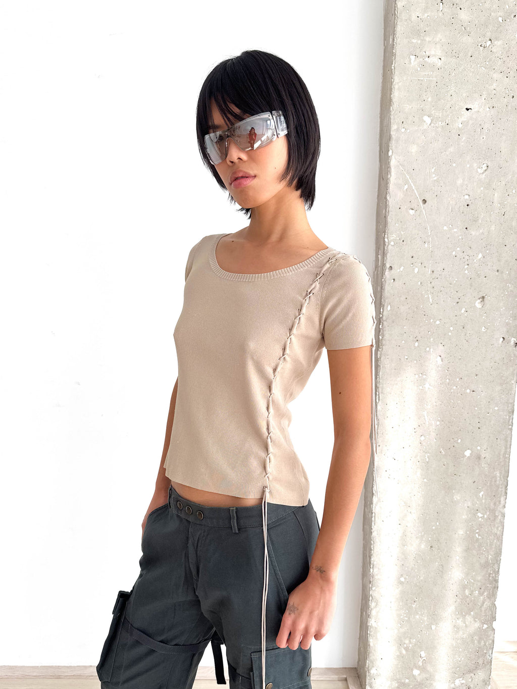 Knitted Lace Up Detail Top