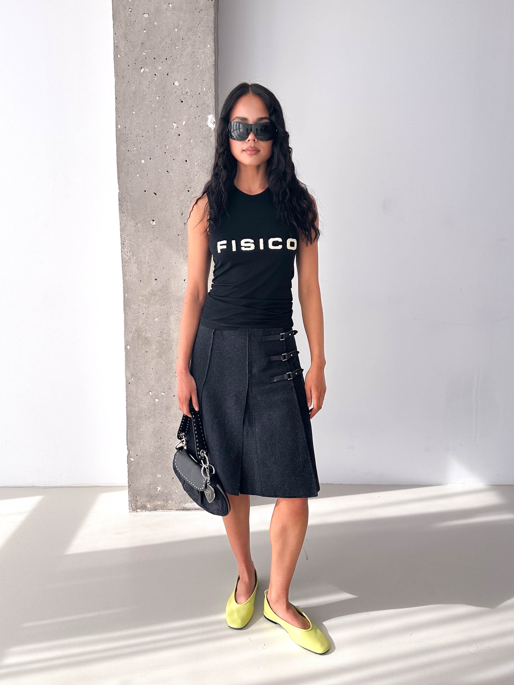 Vintage Charcoal Wool Buckle Strap Kilt Style Skirt