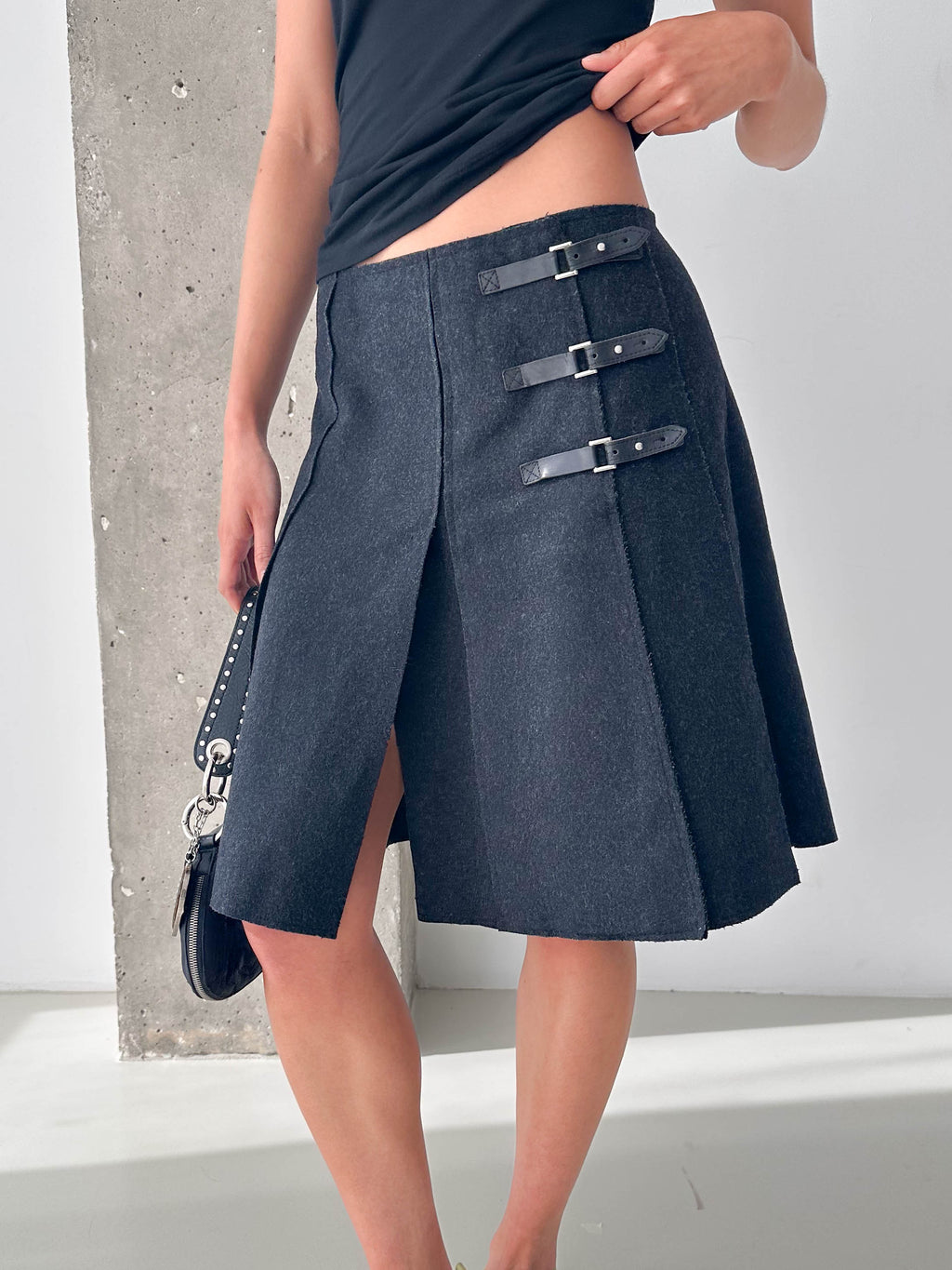 Vintage Charcoal Wool Buckle Strap Kilt Style Skirt
