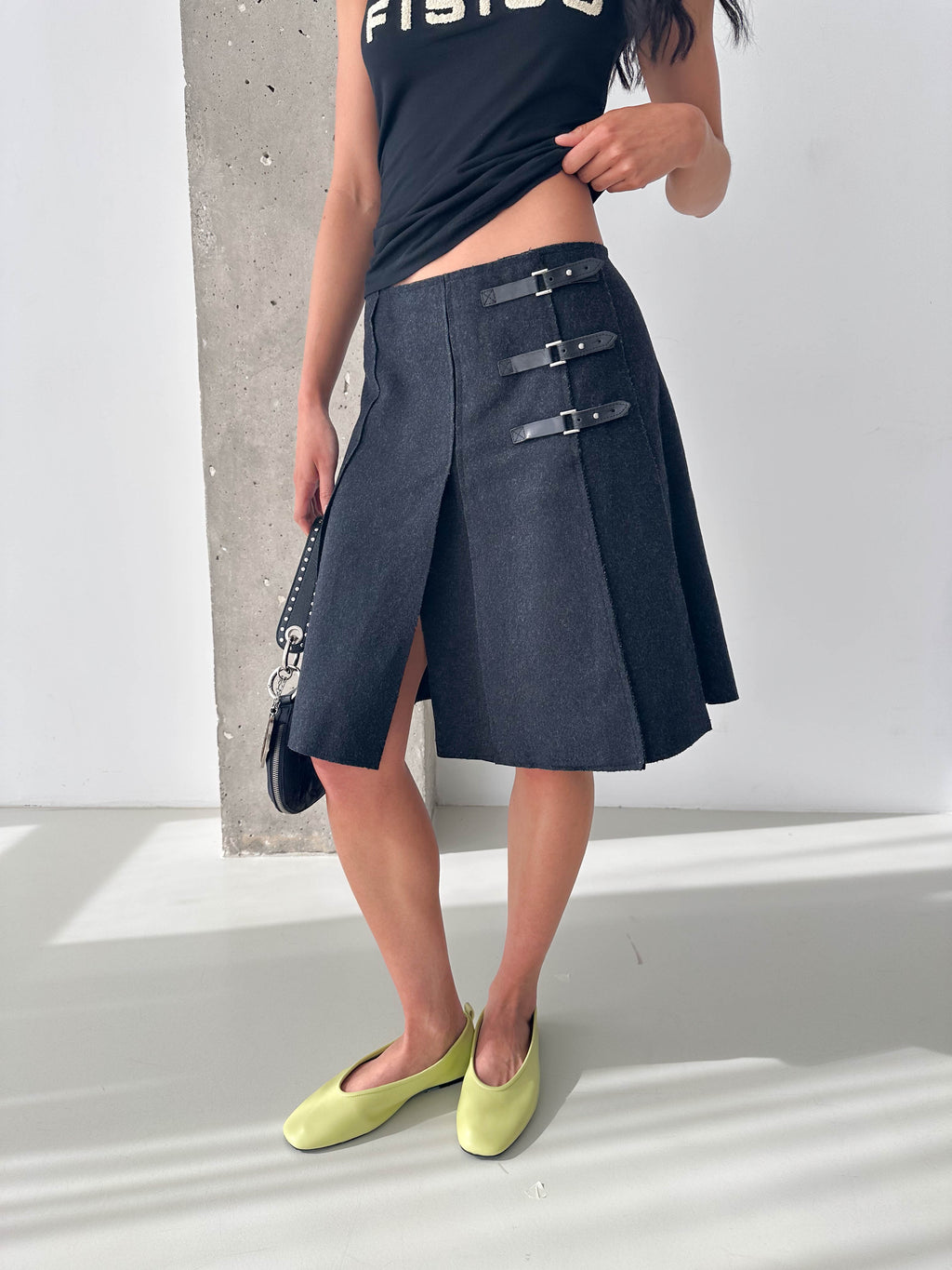 Vintage Charcoal Wool Buckle Strap Kilt Style Skirt