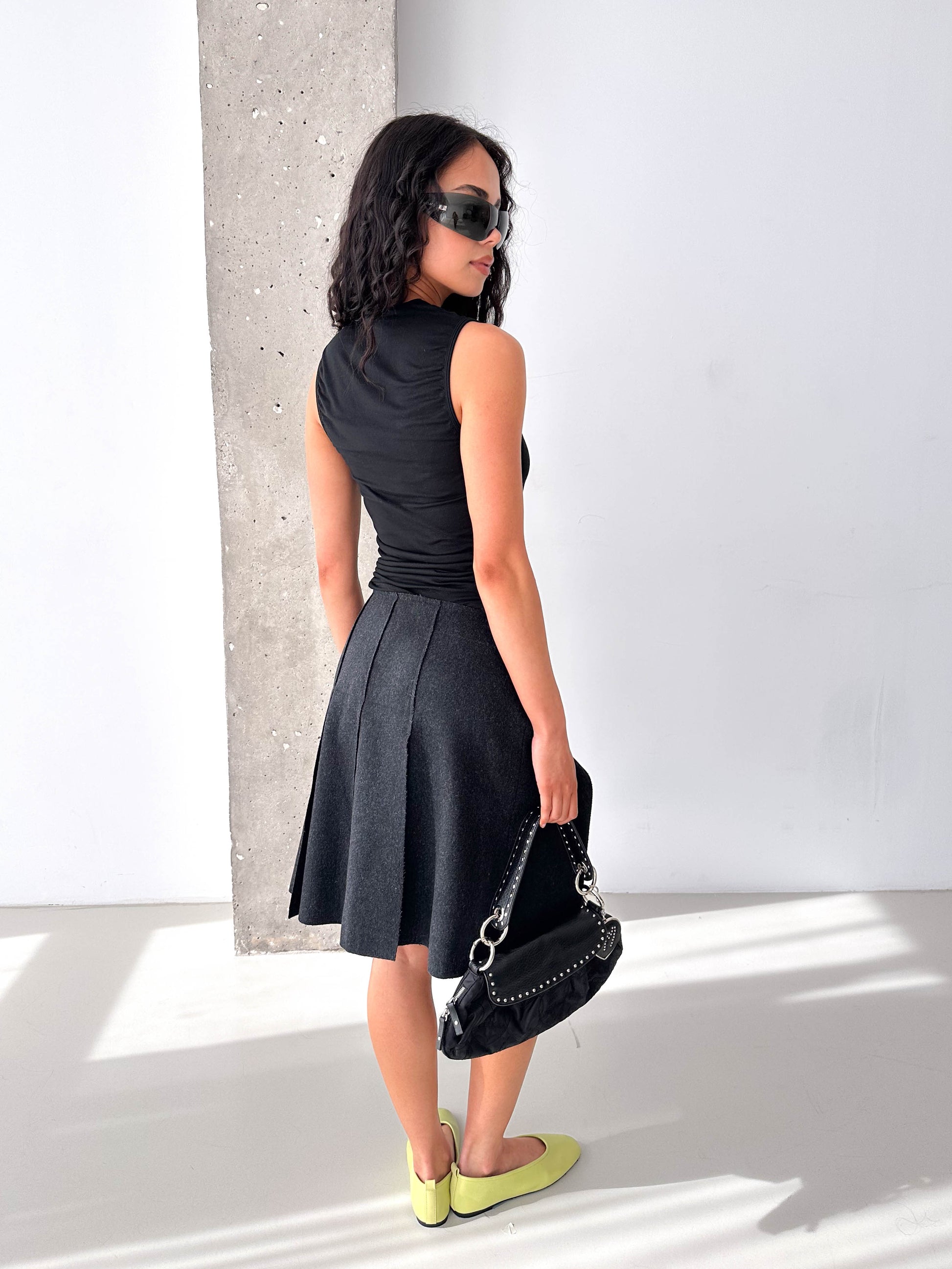 Vintage Charcoal Wool Buckle Strap Kilt Style Skirt