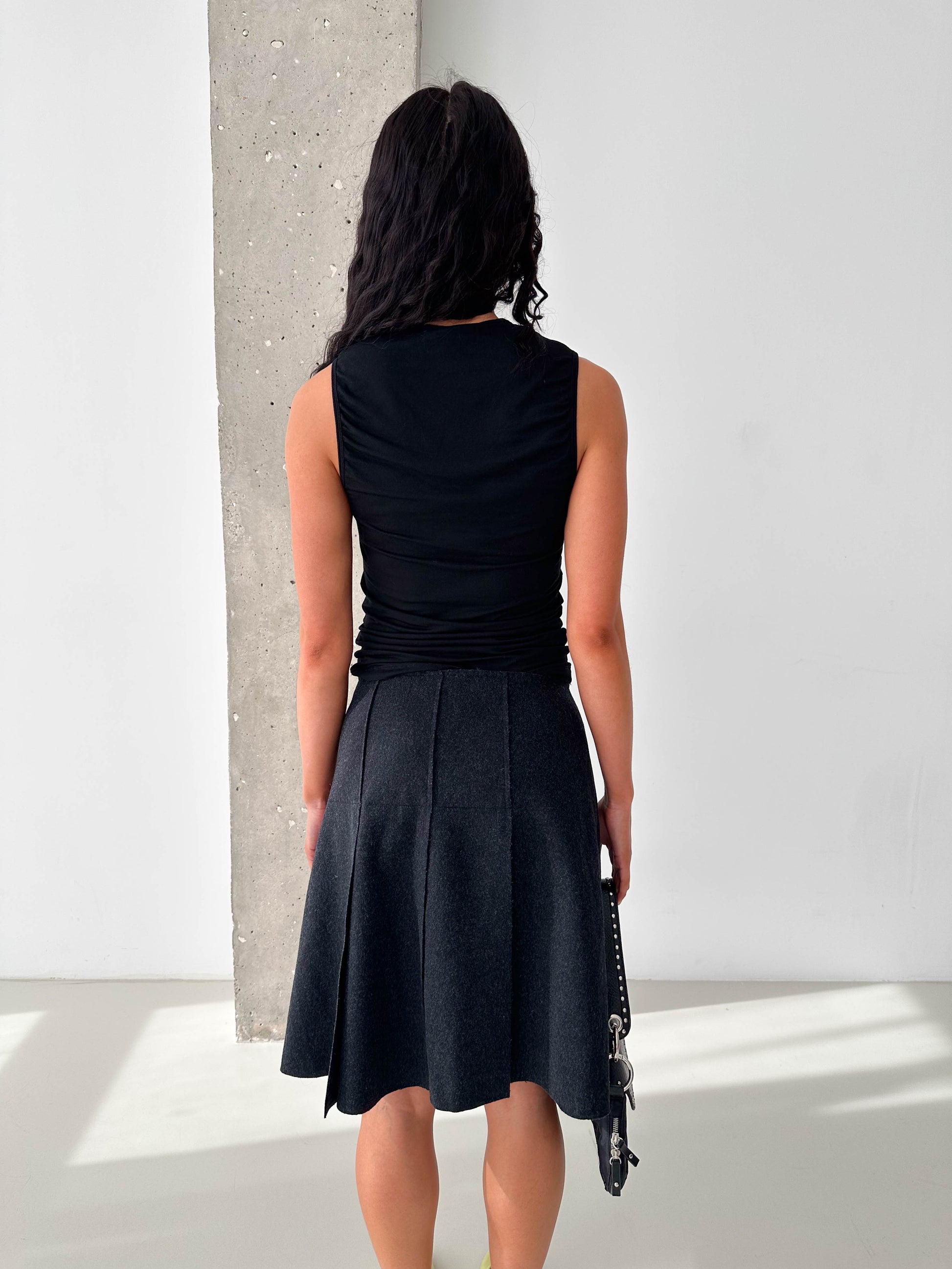 Vintage Charcoal Wool Buckle Strap Kilt Style Skirt
