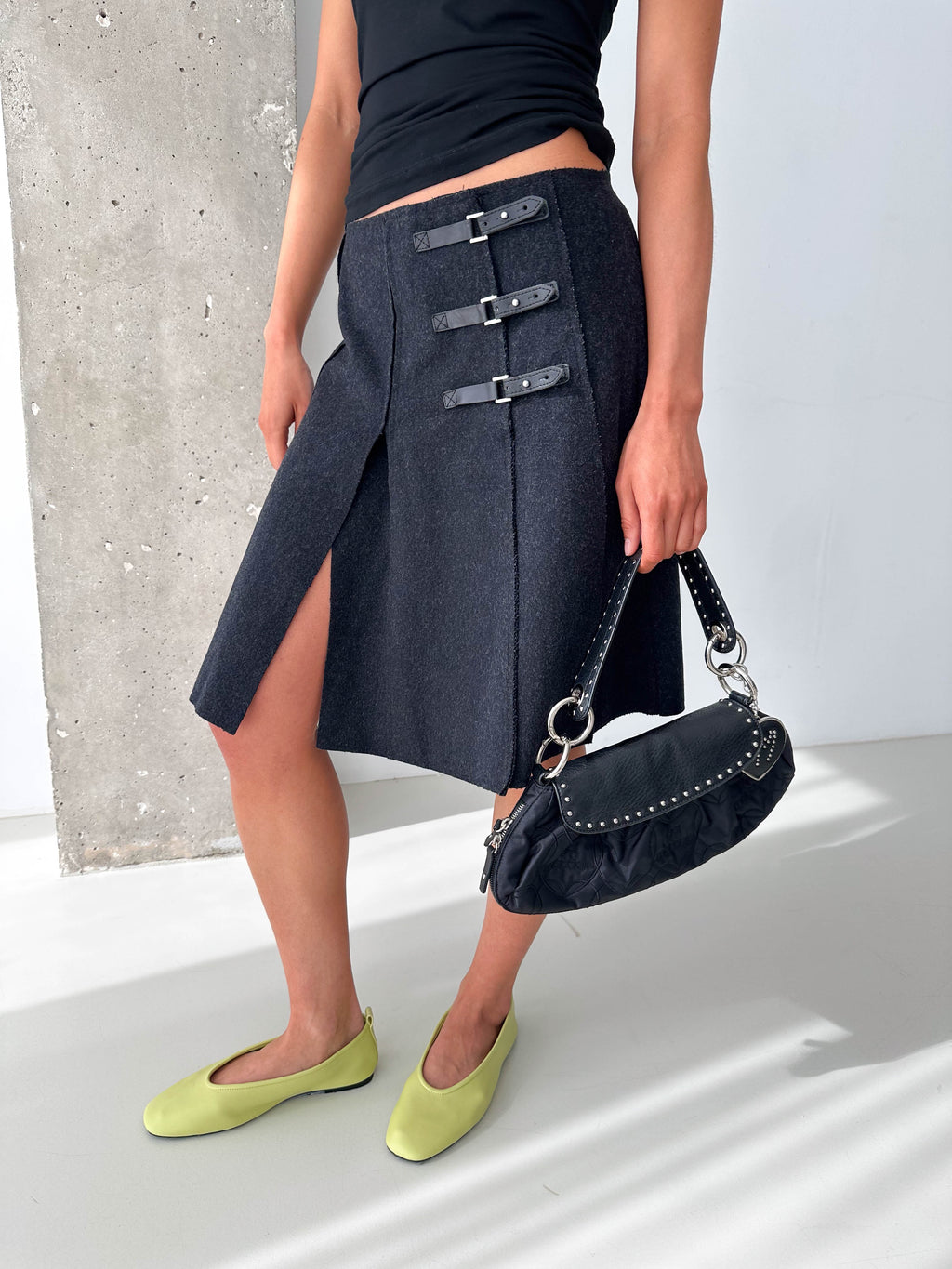 Vintage Charcoal Wool Buckle Strap Kilt Style Skirt