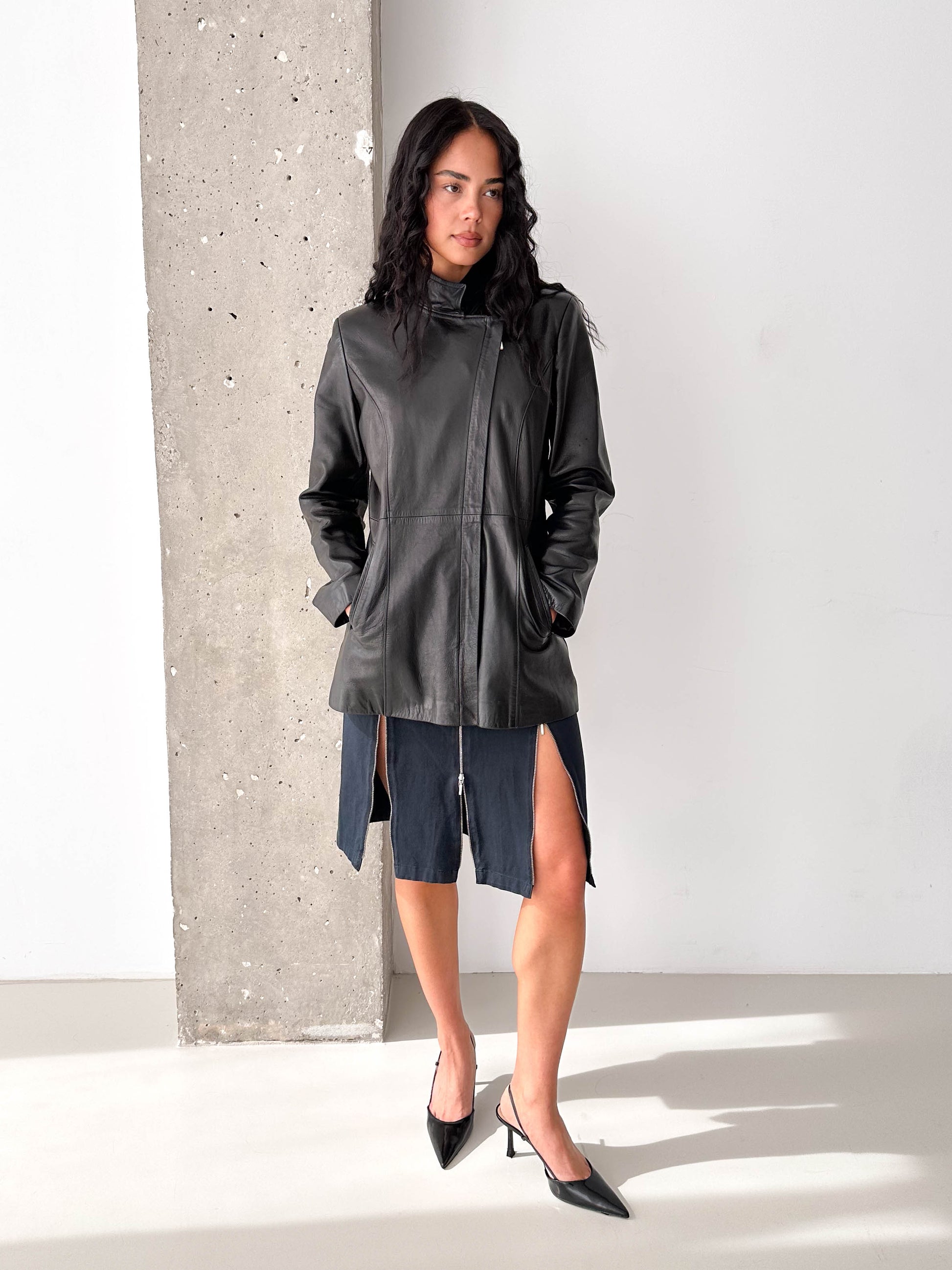 Black Leather Asymmetric Zip Jacket