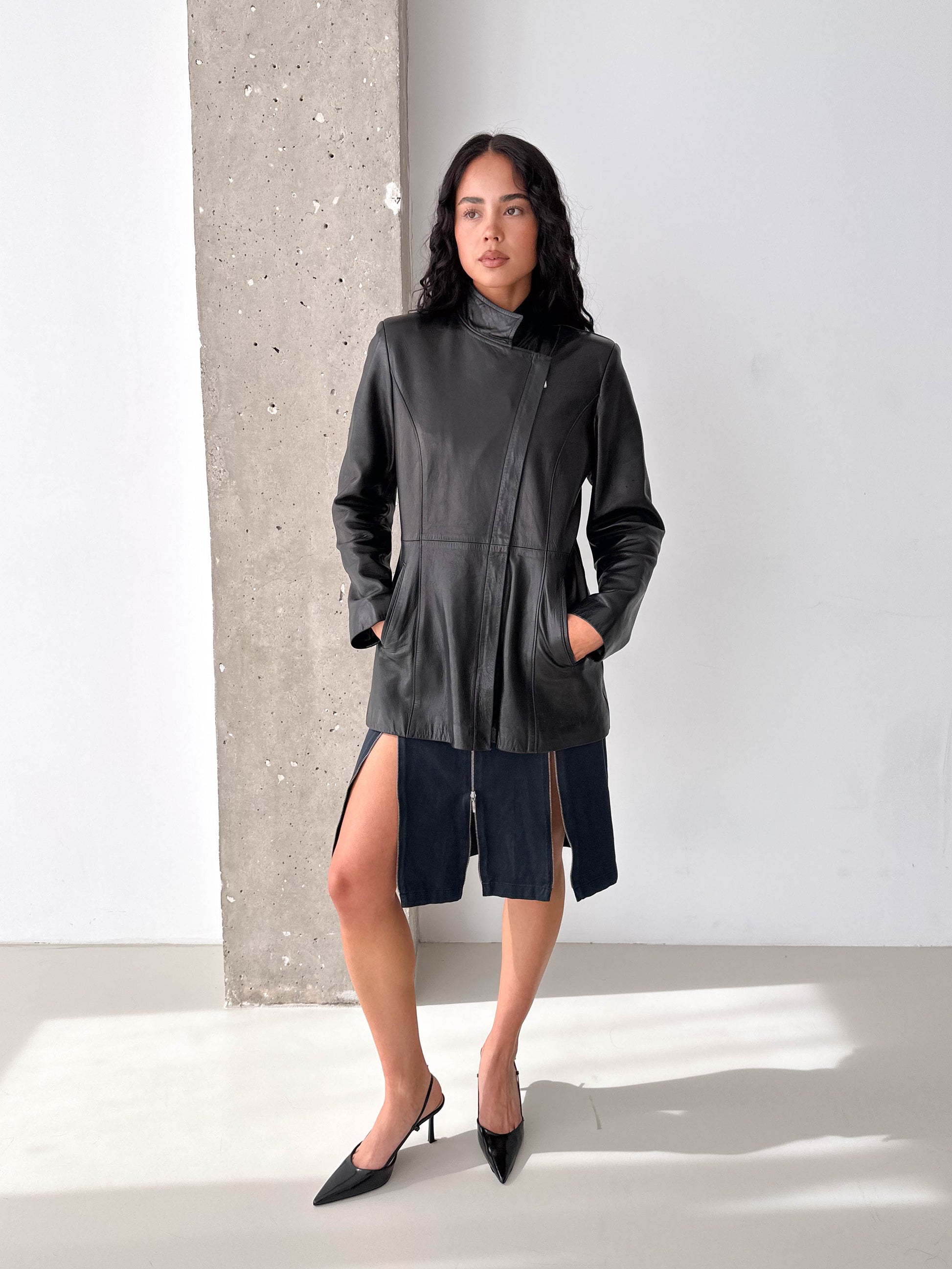 Black Leather Asymmetric Zip Jacket