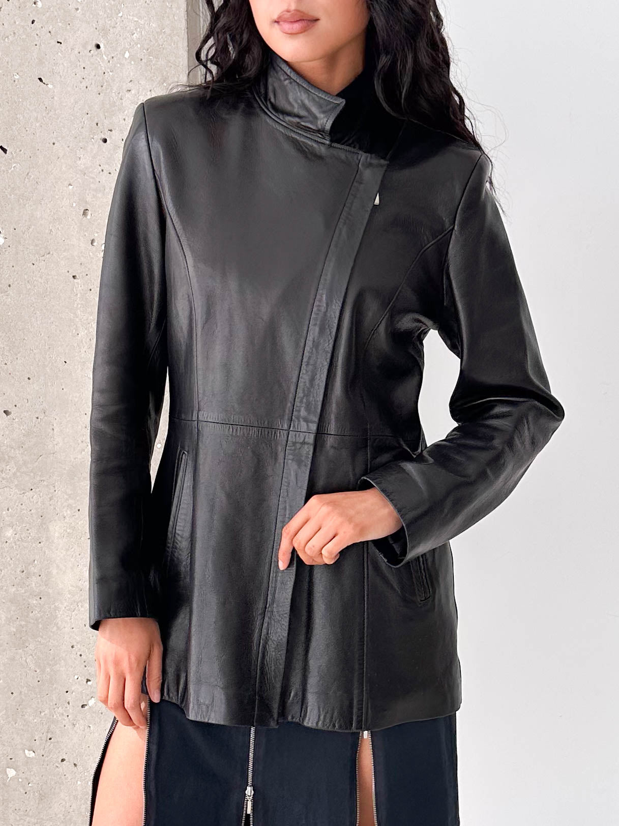 Black Leather Asymmetric Zip Jacket