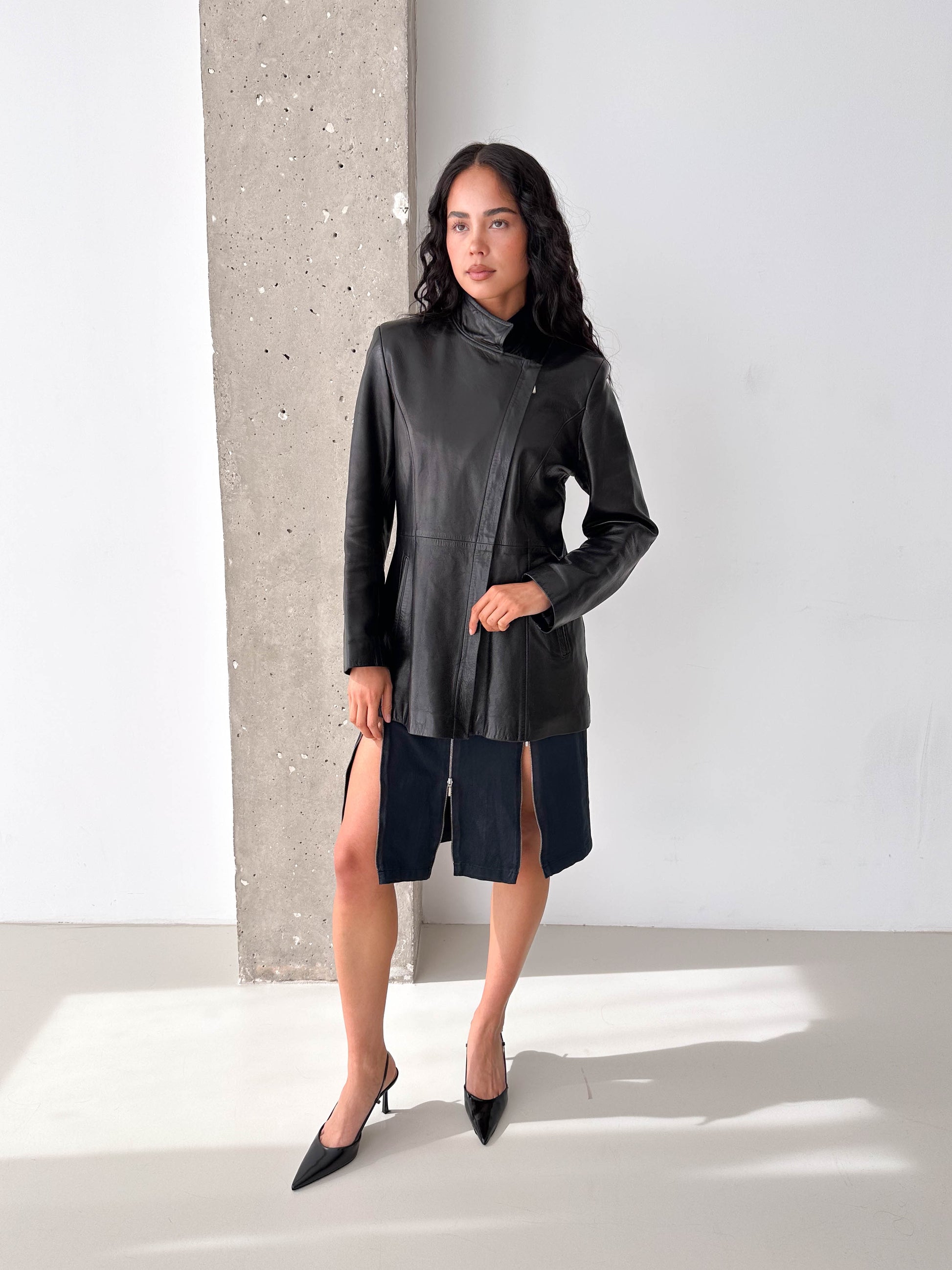 Black Leather Asymmetric Zip Jacket