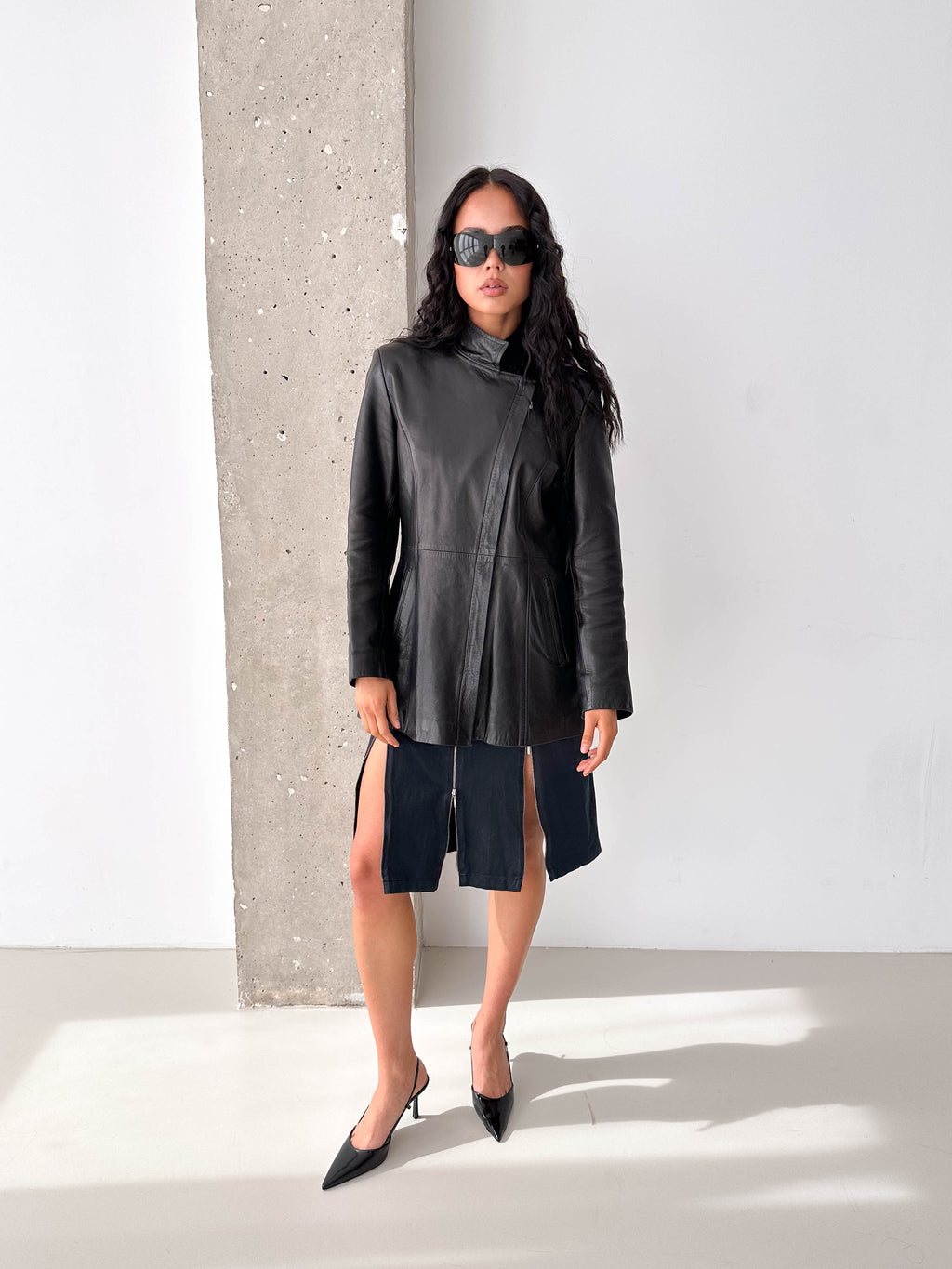 Black Leather Asymmetric Zip Jacket