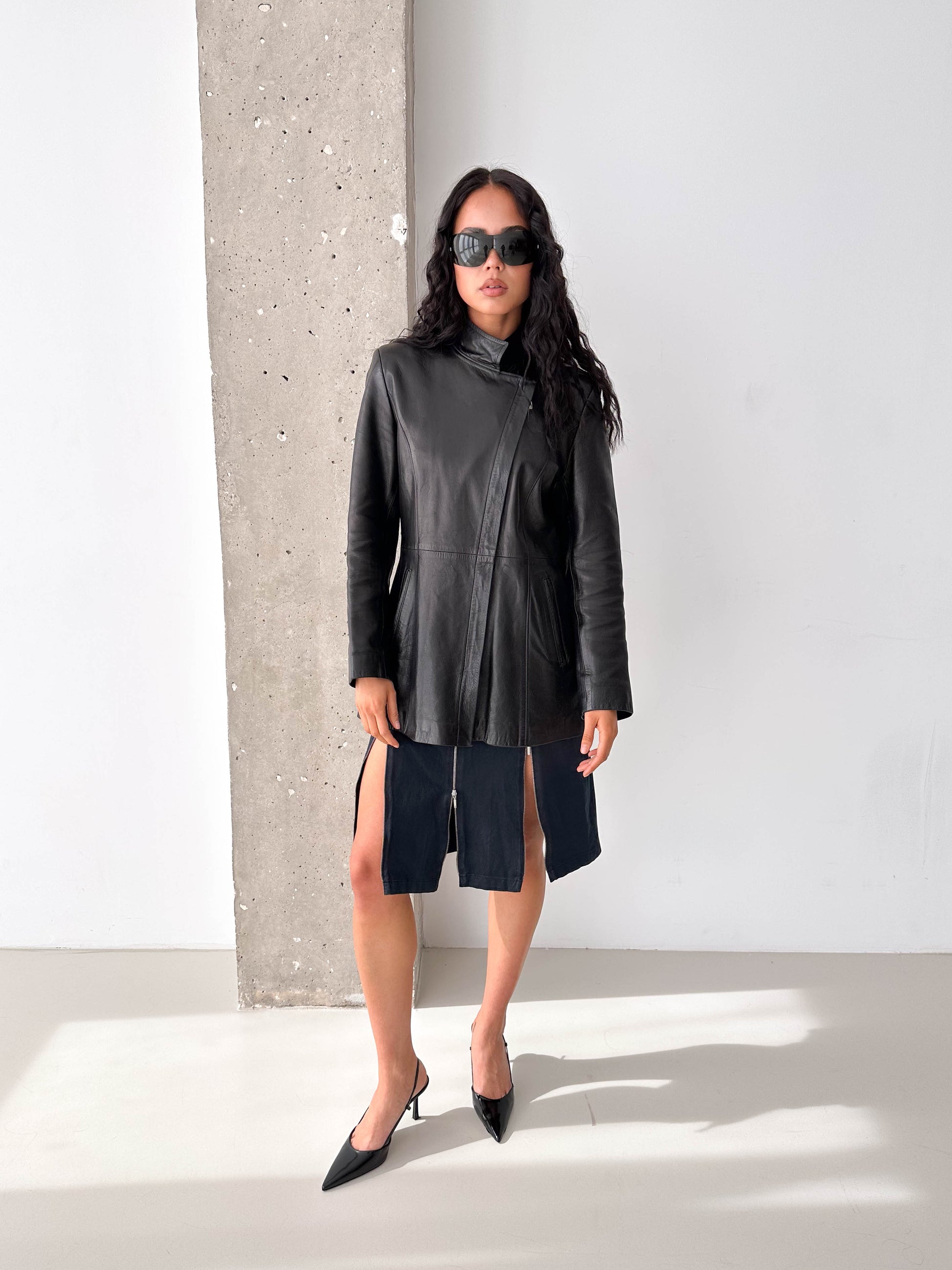 Black Leather Asymmetric Zip Jacket