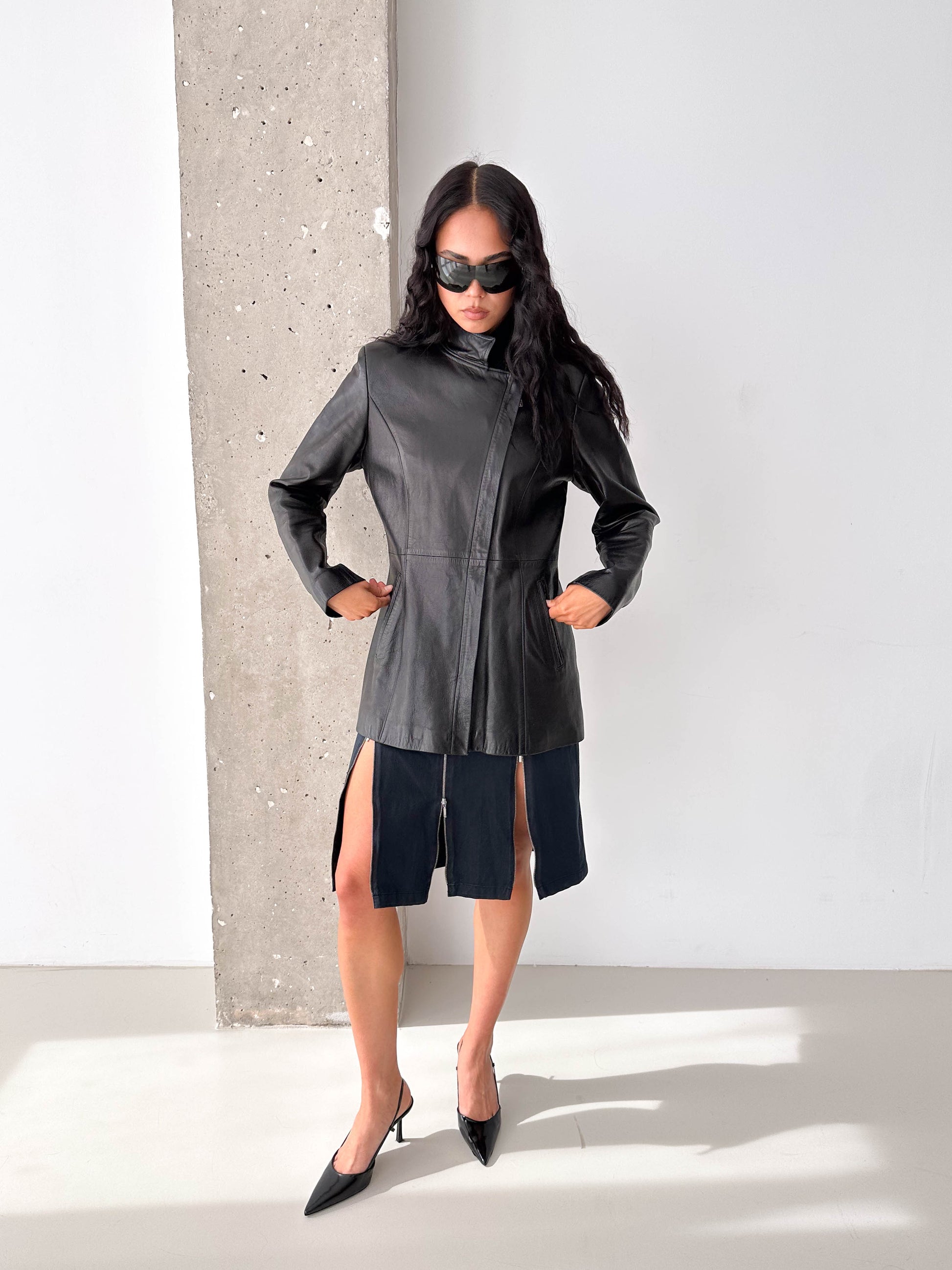 Black Leather Asymmetric Zip Jacket