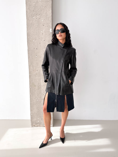 Black Leather Asymmetric Zip Jacket