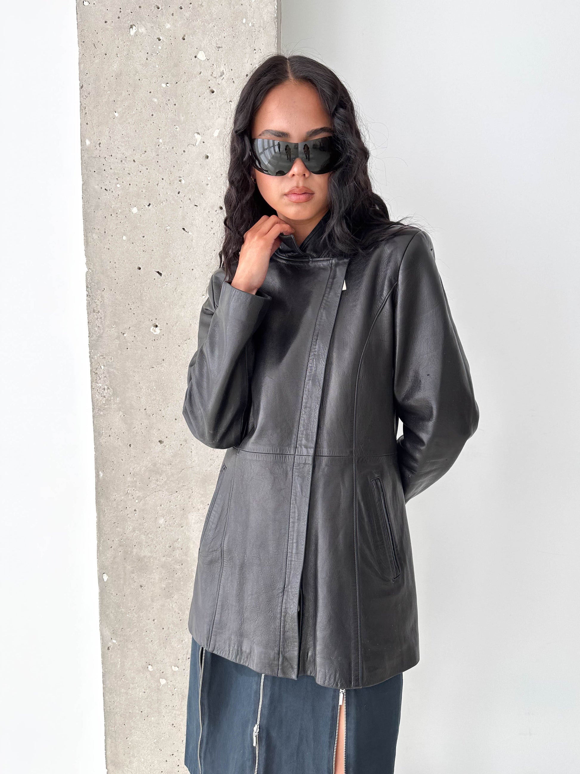 Black Leather Asymmetric Zip Jacket