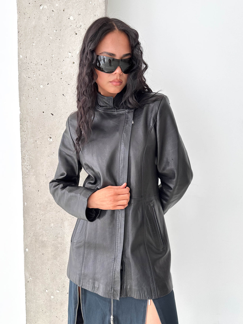 Black Leather Asymmetric Zip Jacket