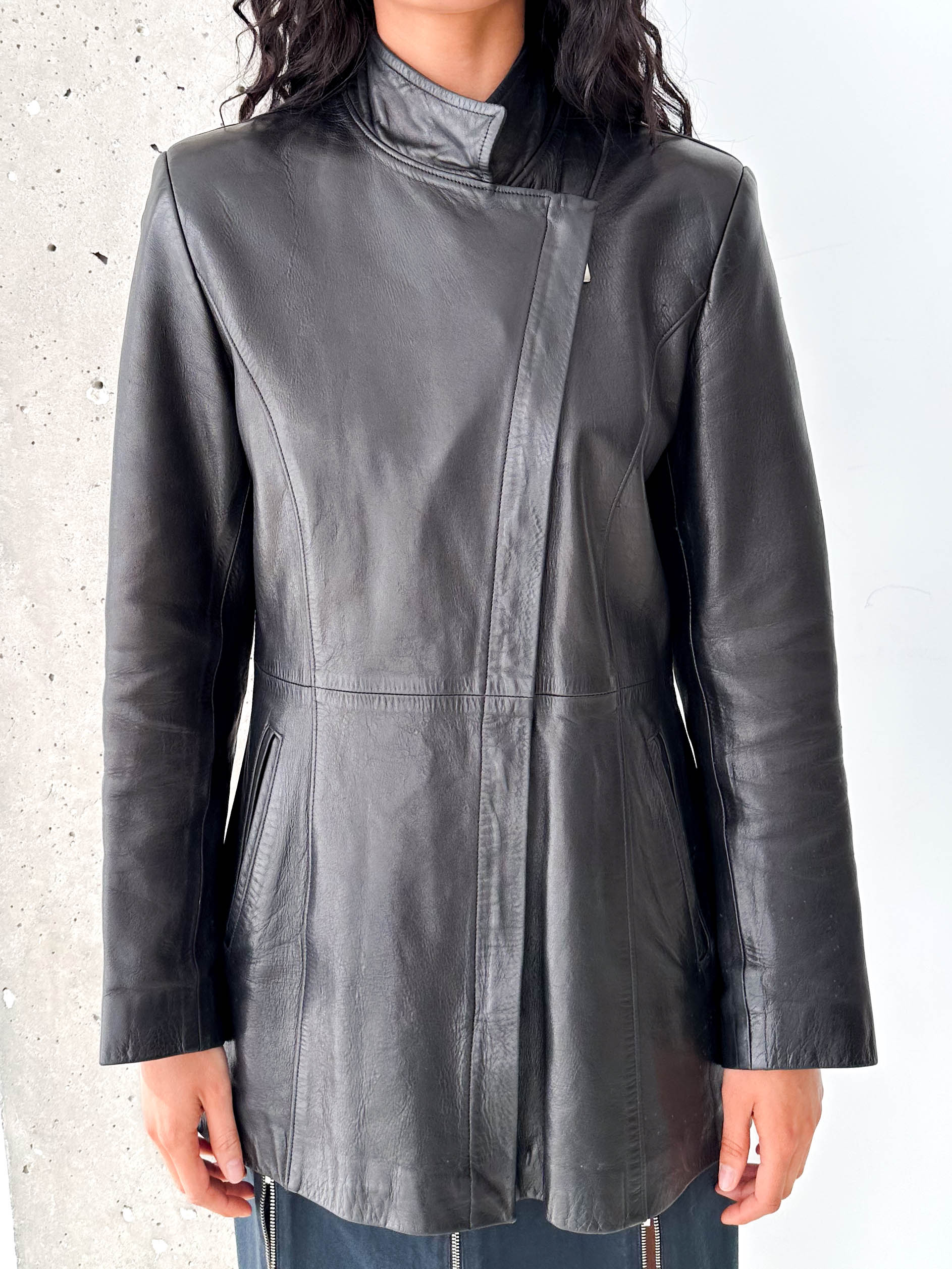 Black Leather Asymmetric Zip Jacket