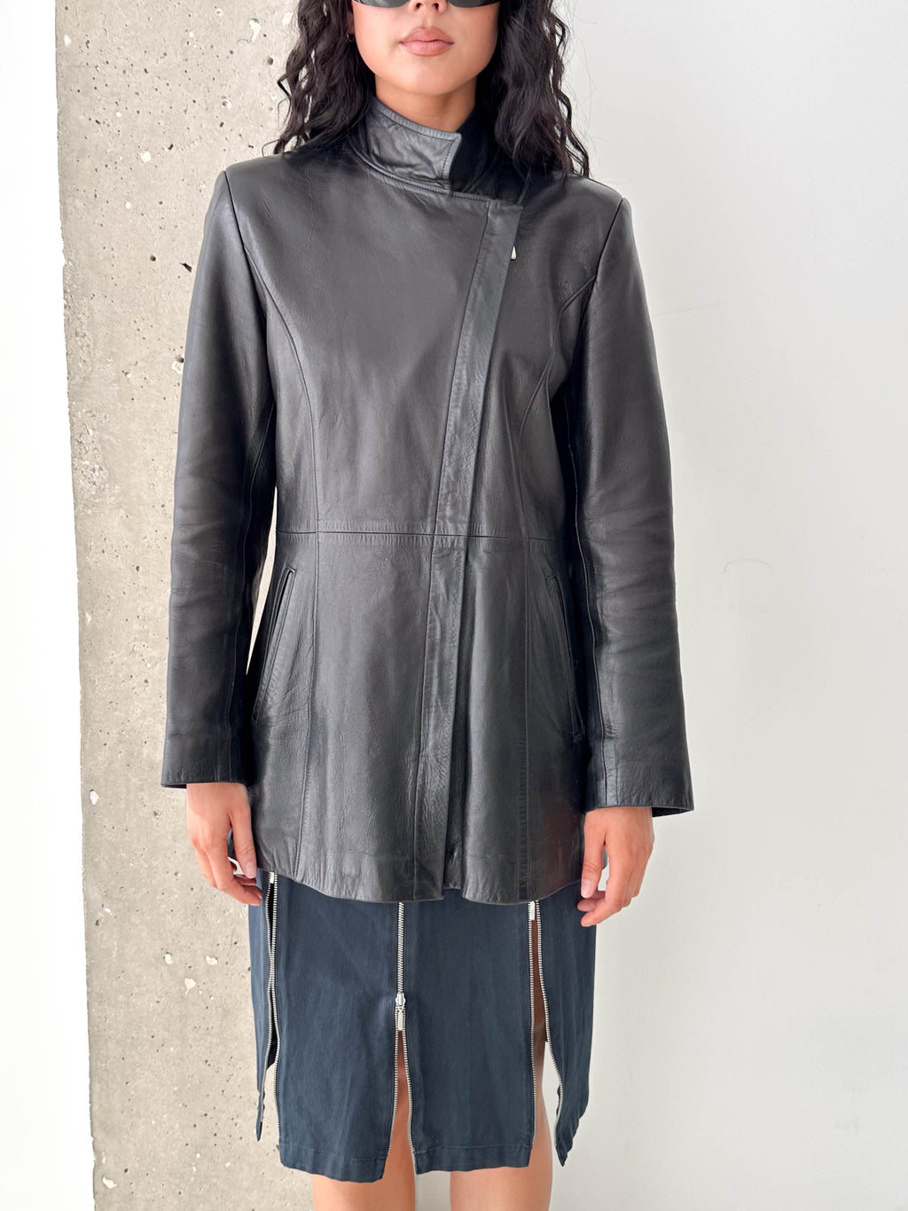 Black Leather Asymmetric Zip Jacket