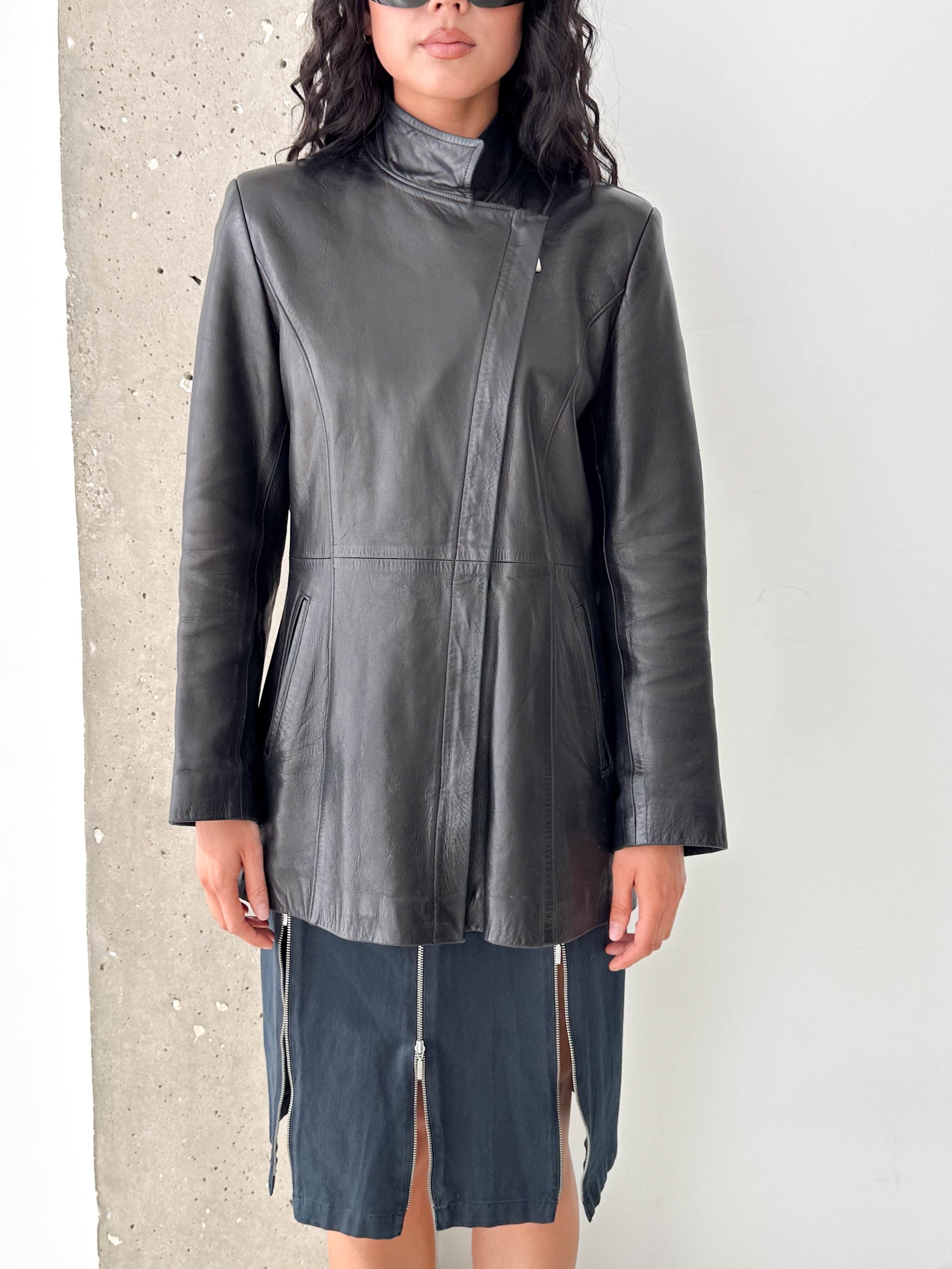 Black Leather Asymmetric Zip Jacket