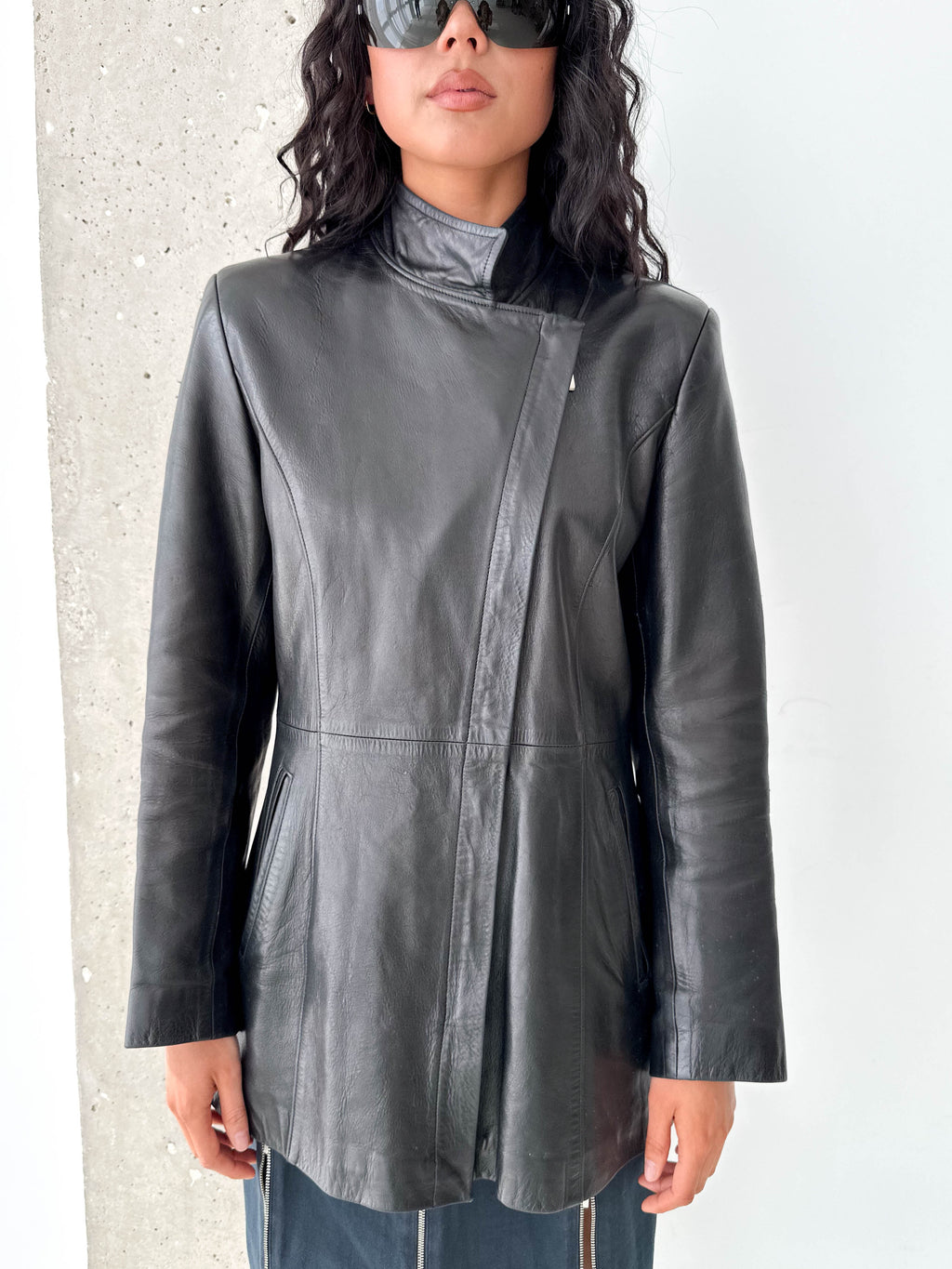 Black Leather Asymmetric Zip Jacket