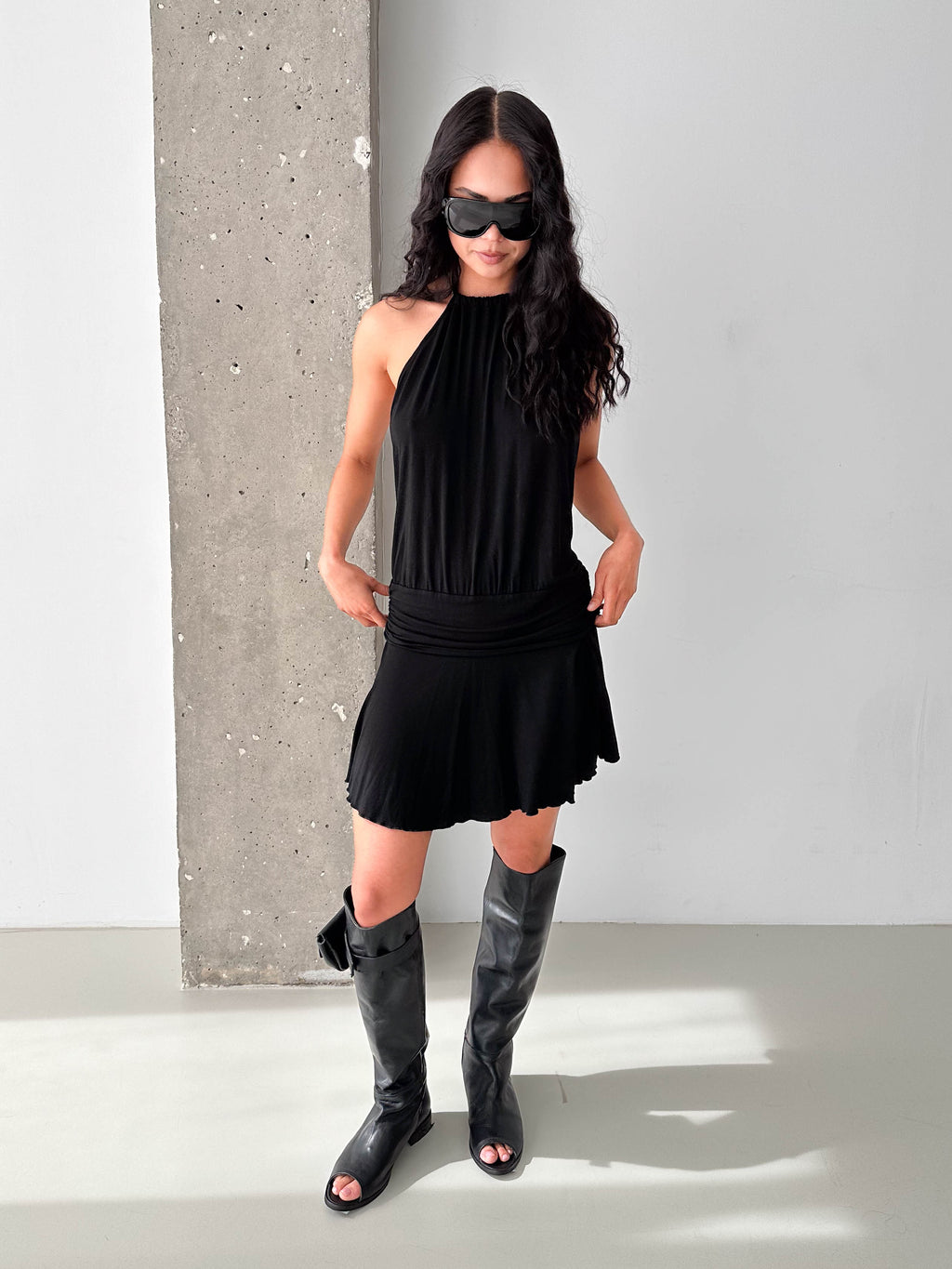 Vintage Black Halterneck Drop Waist Mini Dress
