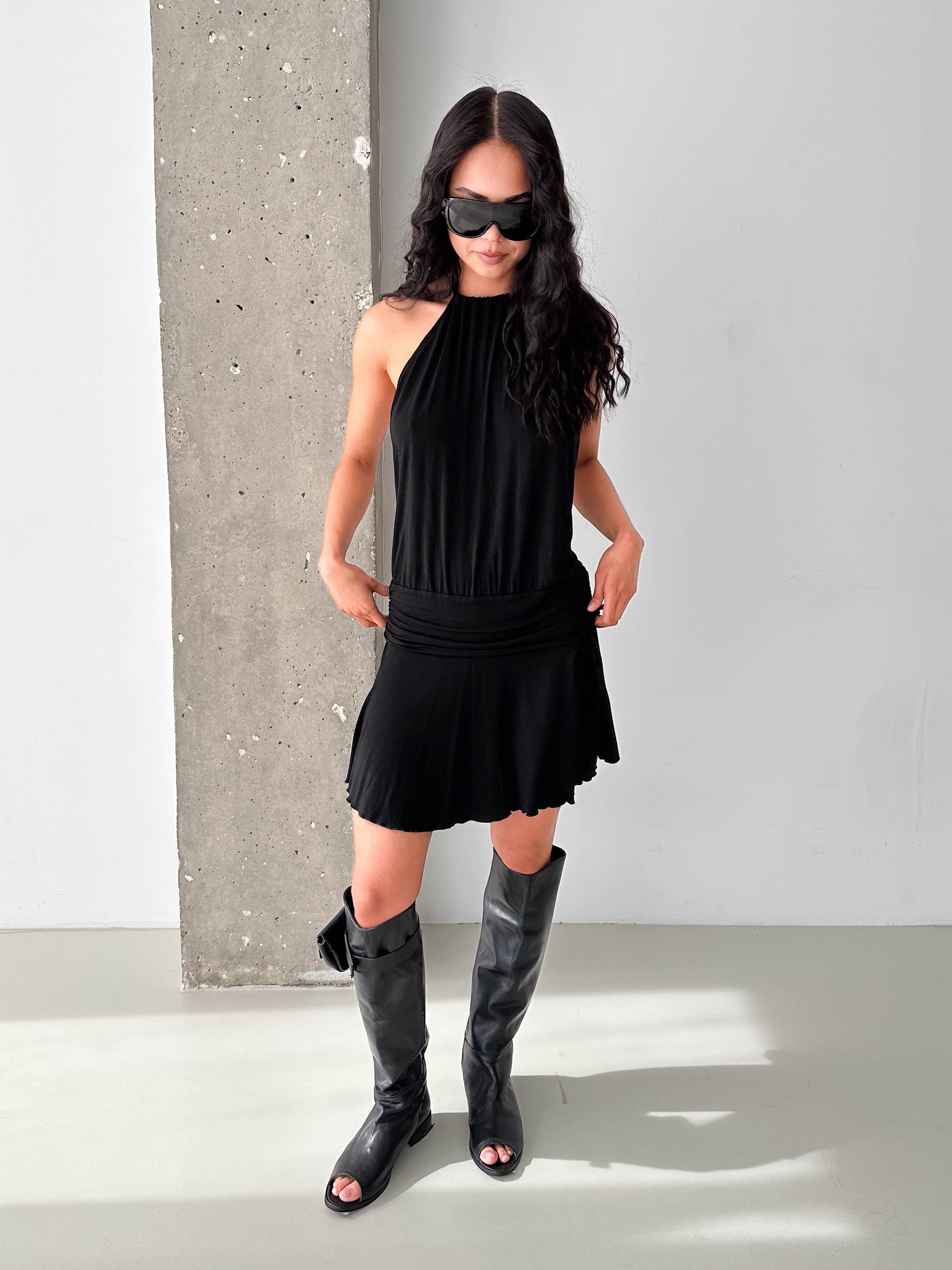 Vintage Black Halterneck Drop Waist Mini Dress