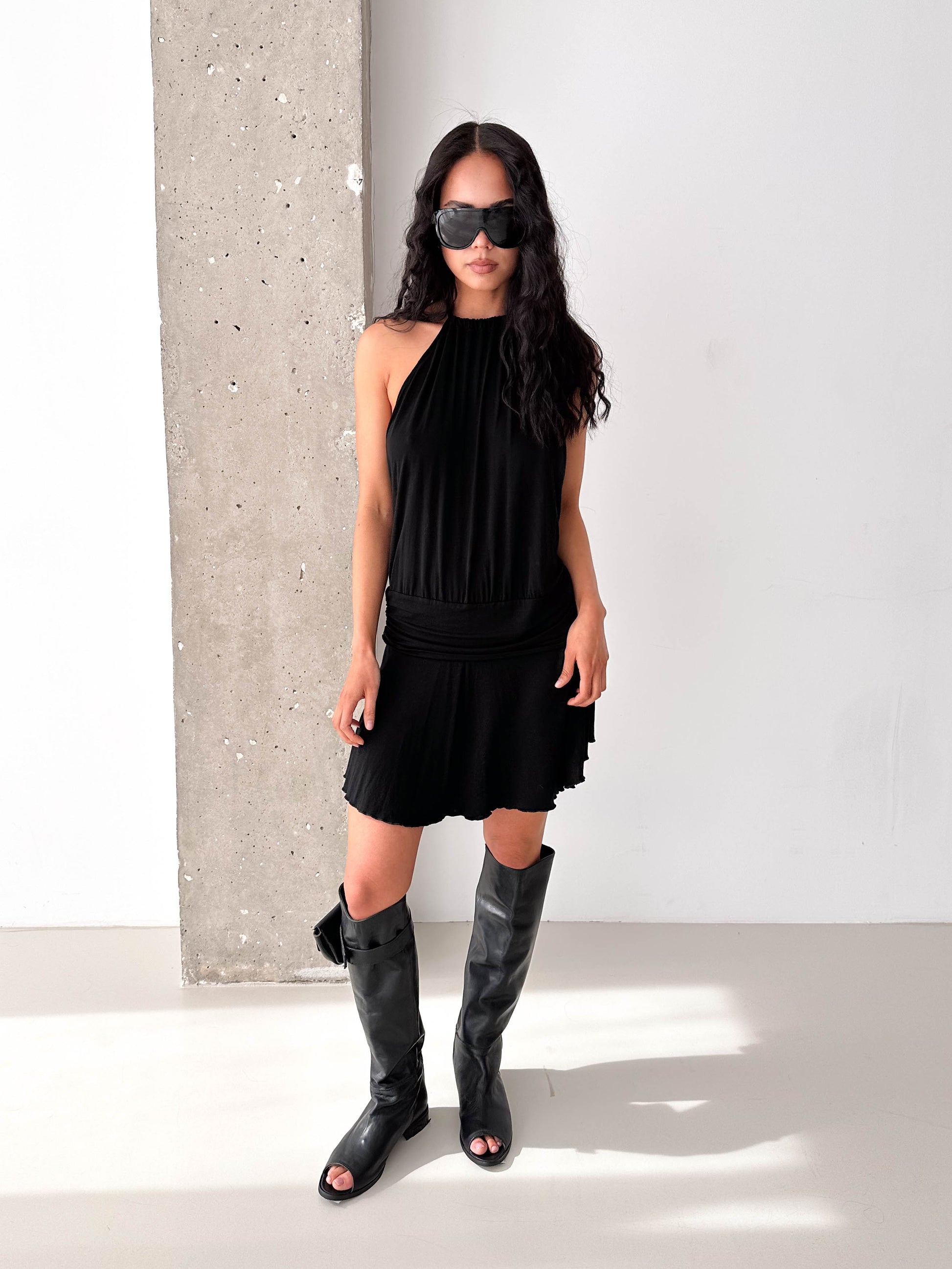 Vintage Black Halterneck Drop Waist Mini Dress