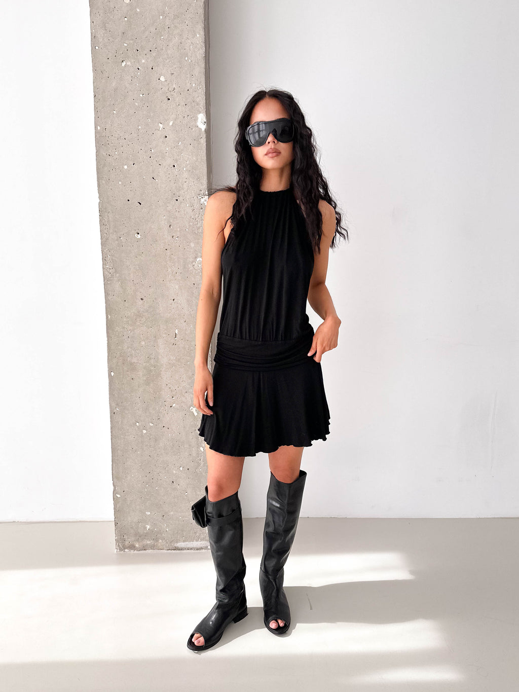 Vintage Black Halterneck Drop Waist Mini Dress