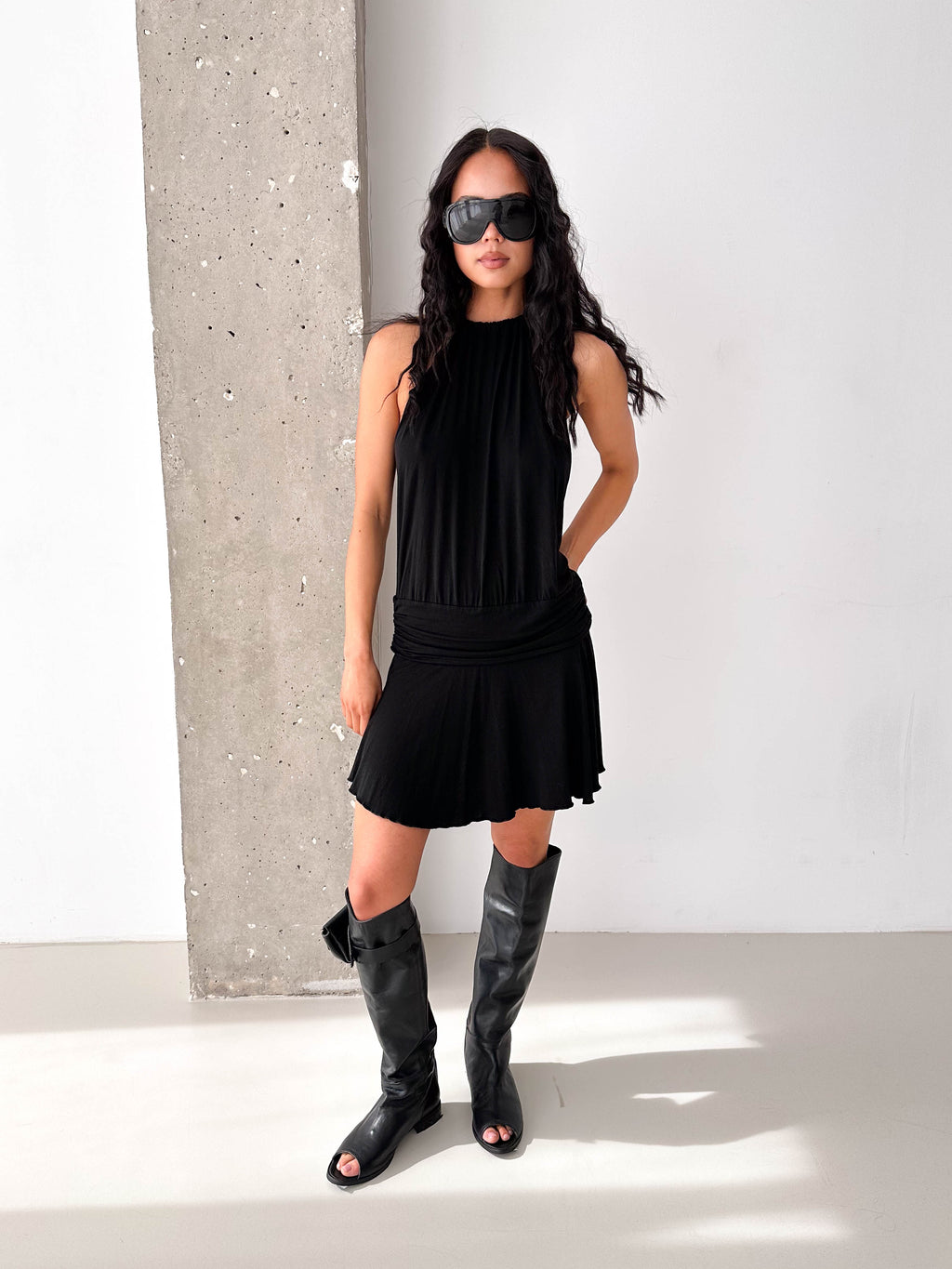 Vintage Black Halterneck Drop Waist Mini Dress