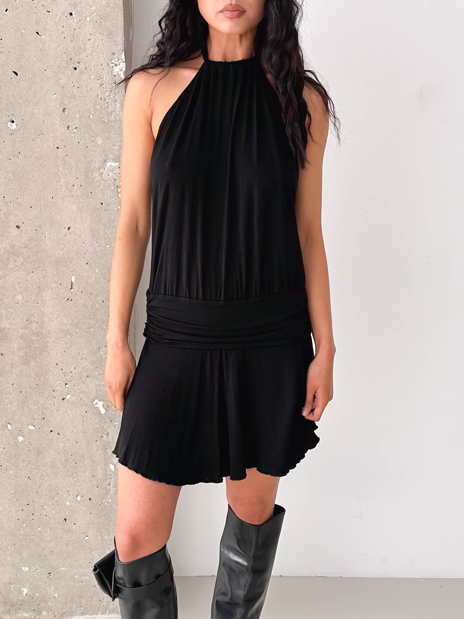 Vintage Black Halterneck Drop Waist Mini Dress