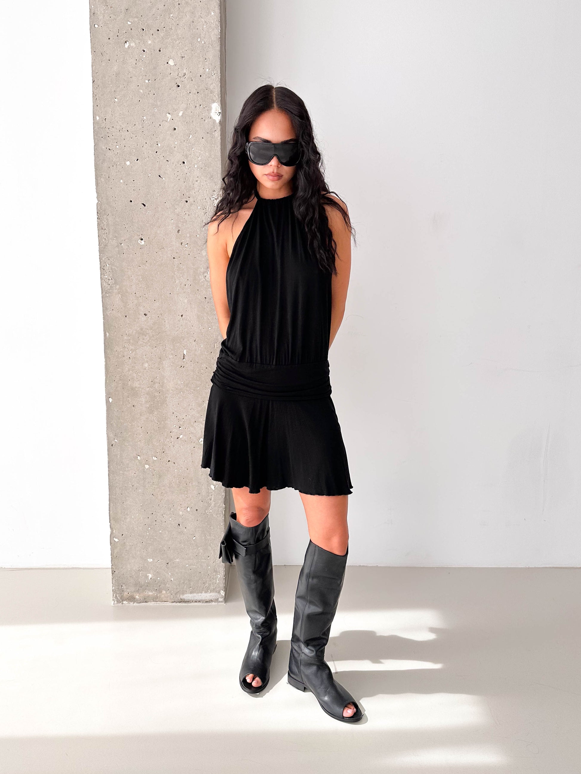 Vintage Black Halterneck Drop Waist Mini Dress