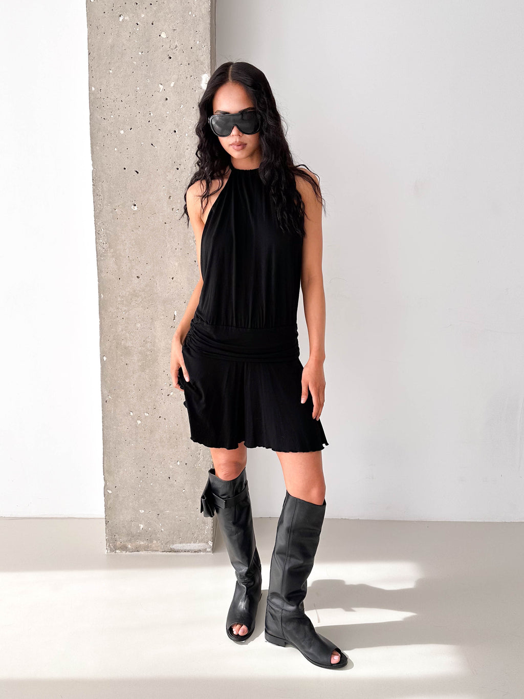 Vintage Black Halterneck Drop Waist Mini Dress
