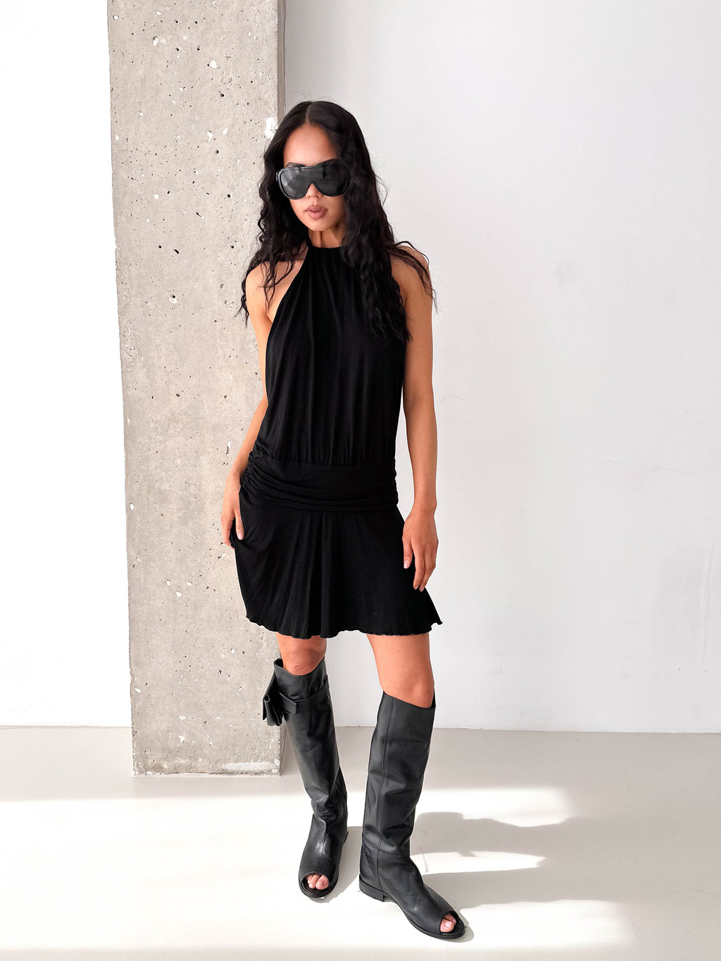 Vintage Black Halterneck Drop Waist Mini Dress