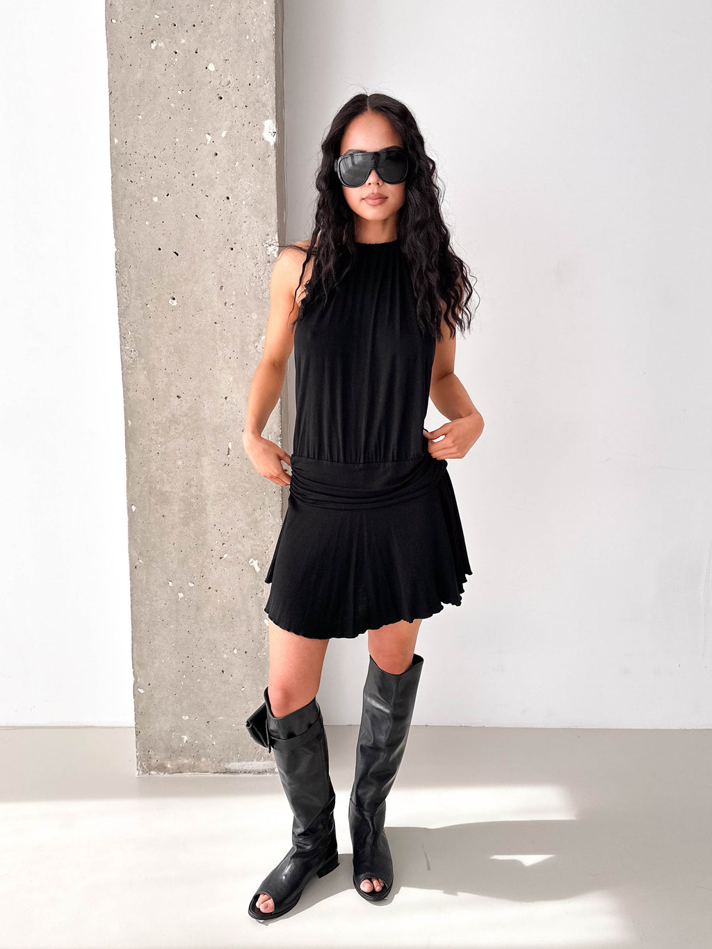 Vintage Black Halterneck Drop Waist Mini Dress