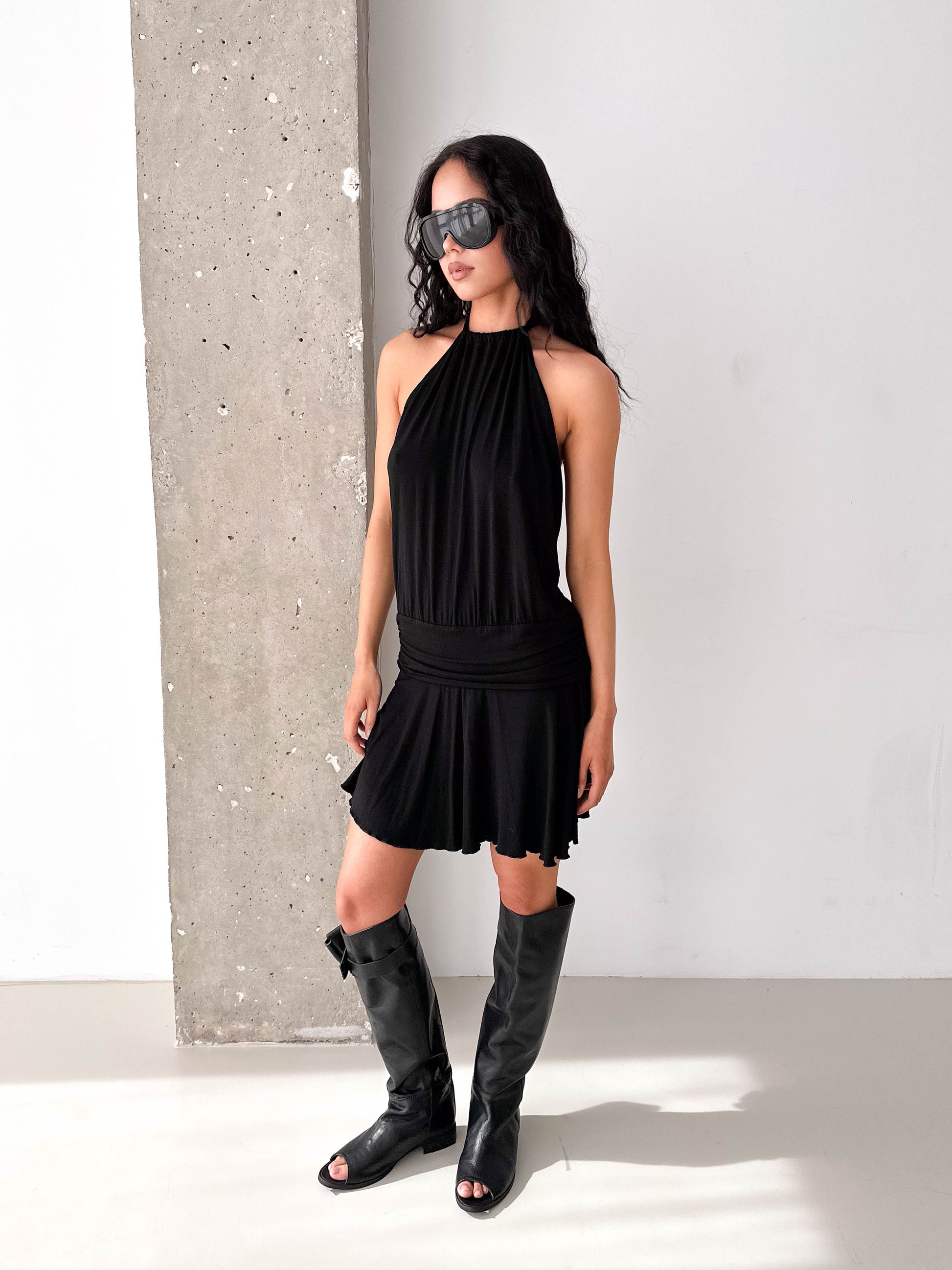 Vintage Black Halterneck Drop Waist Mini Dress