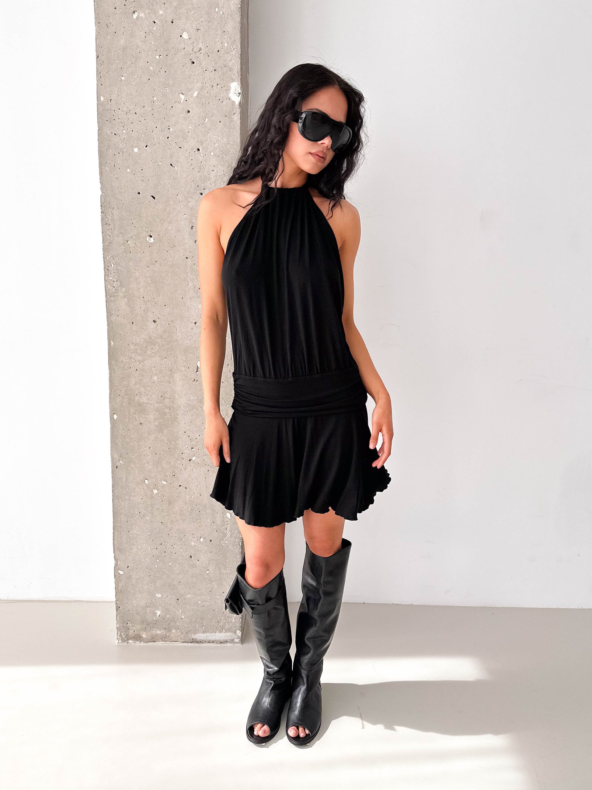 Vintage Black Halterneck Drop Waist Mini Dress