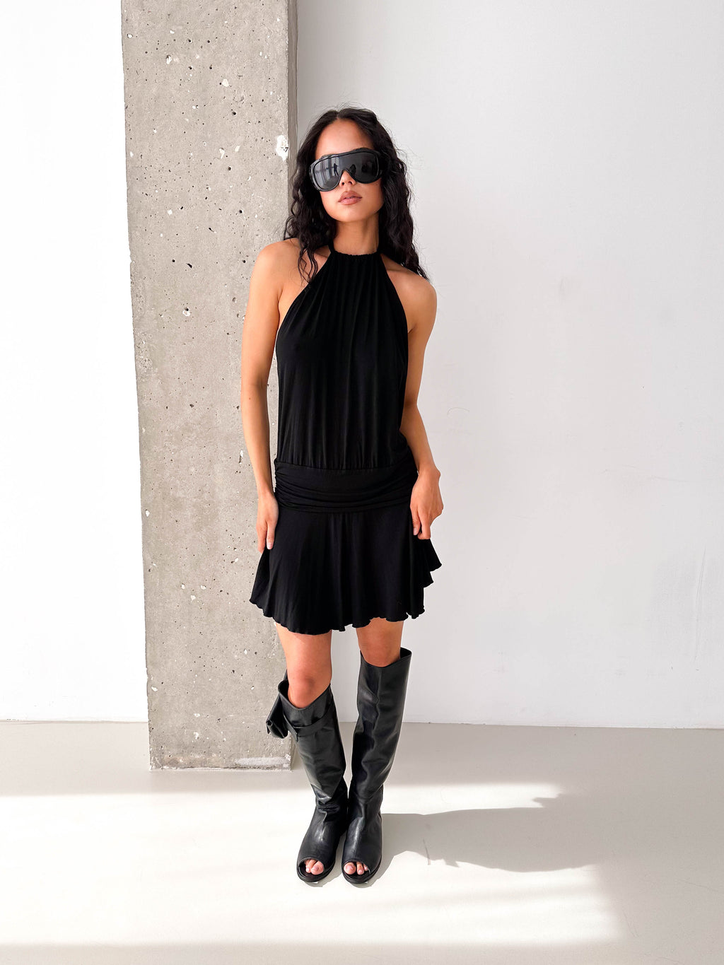 Vintage Black Halterneck Drop Waist Mini Dress