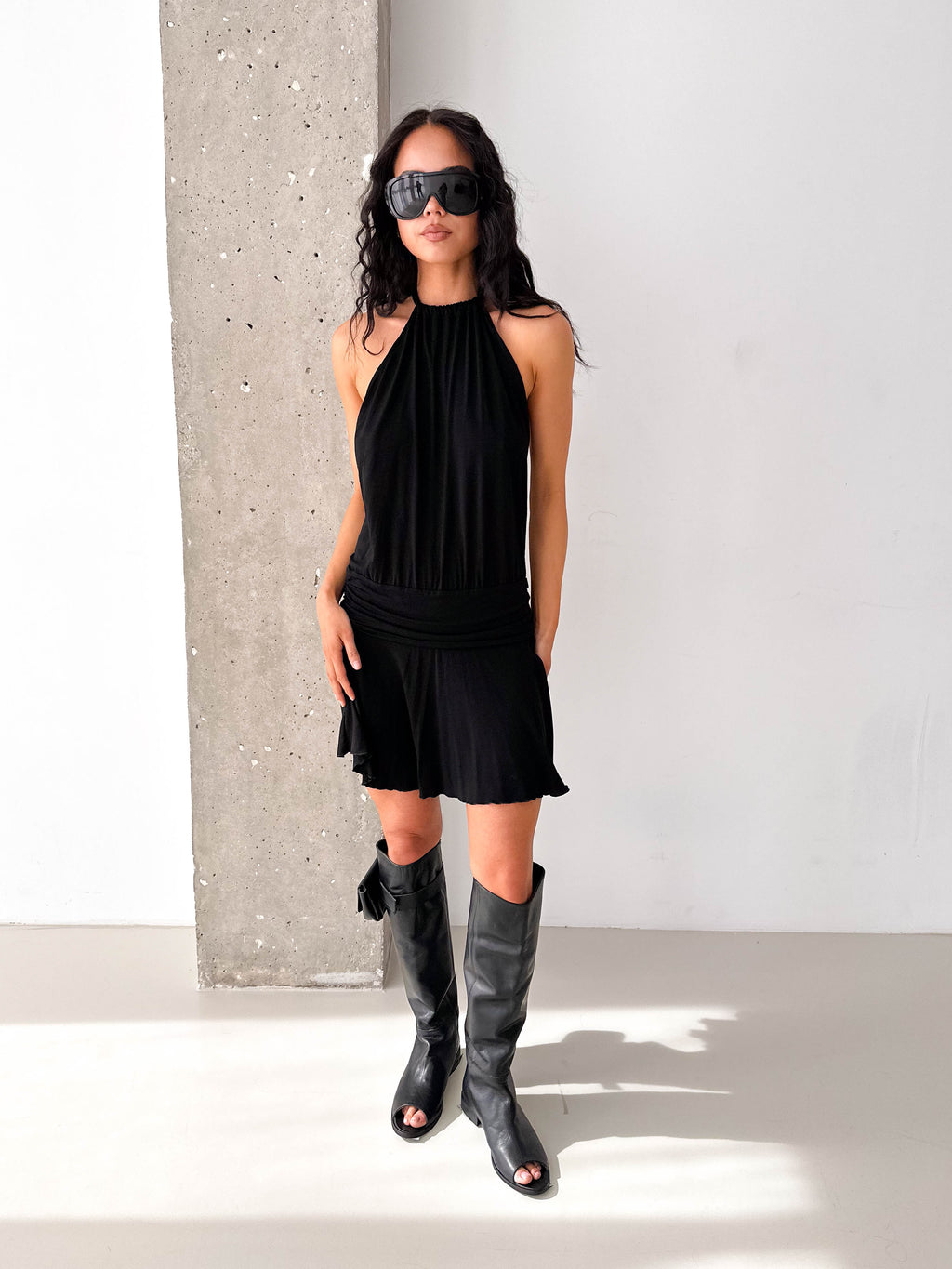 Vintage Black Halterneck Drop Waist Mini Dress