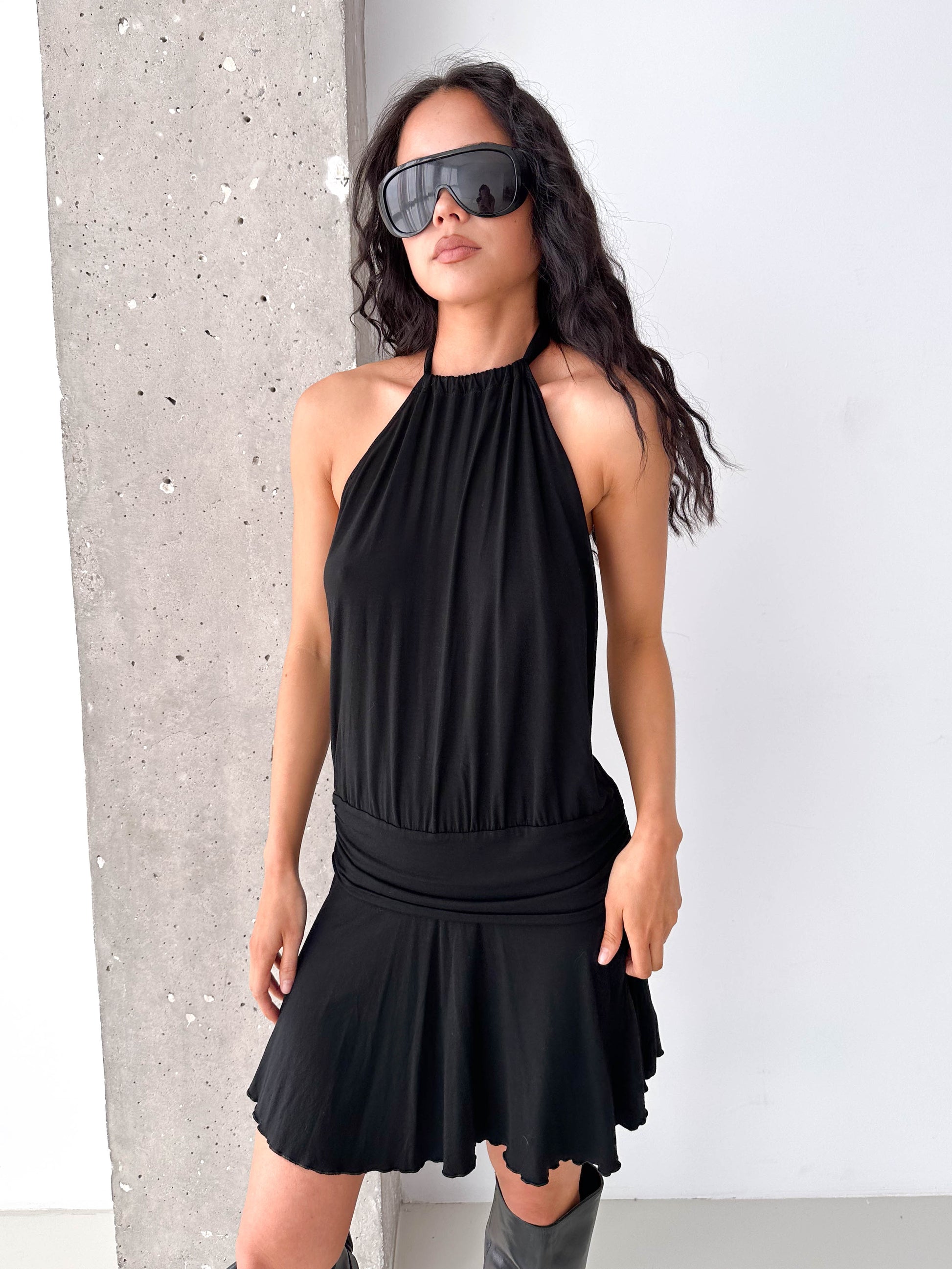 Vintage Black Halterneck Drop Waist Mini Dress