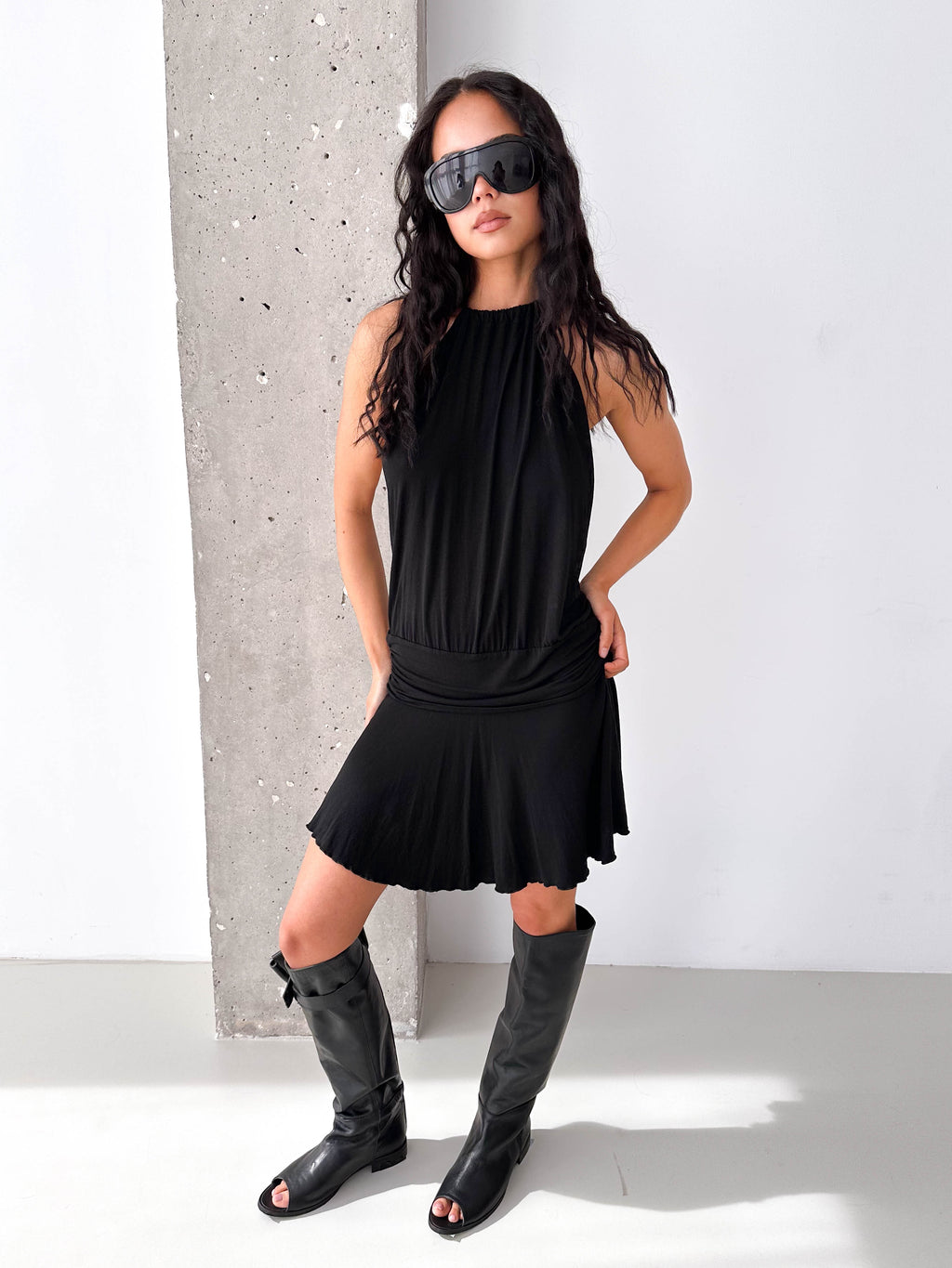 Vintage Black Halterneck Drop Waist Mini Dress